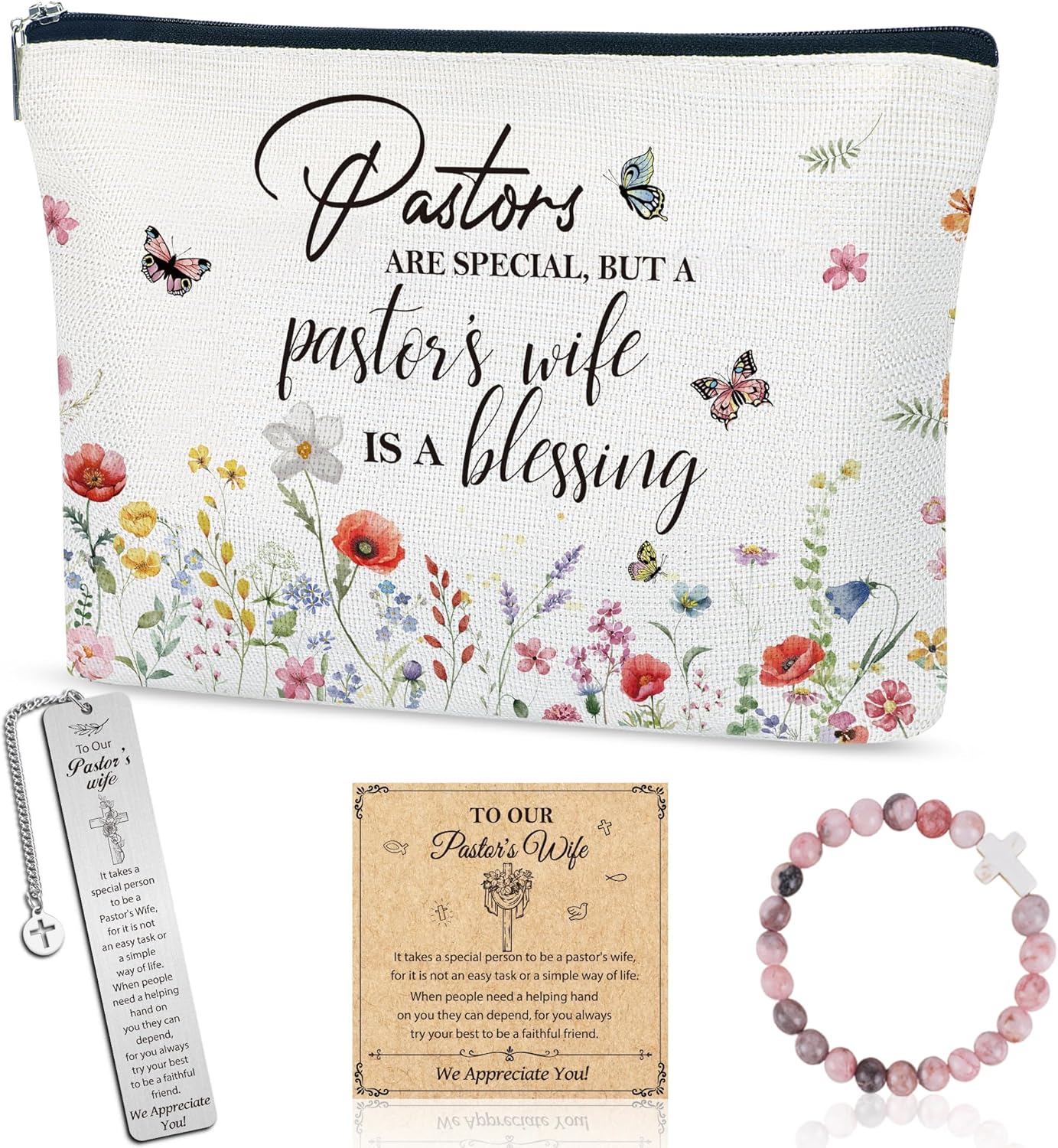Pastor Wife Appreciation Gifts, 3PCS Gift Set with Makeup Bag, Bracelet, Bookmark and Card, Christian Thank You Gifts for Pastor’s Wife Birthday Christmas October Month