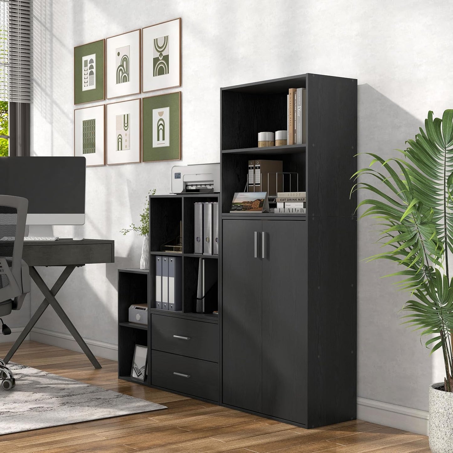Homes: Inside + Out Apexa 3-Tier Stackable Wood Bookcase with Doors, Cube Storage Organizer Shelves, Small Food Pantry Cabinet, Dorm Teen Room Decor & Bedroom, Home Office, Kitchen, Black