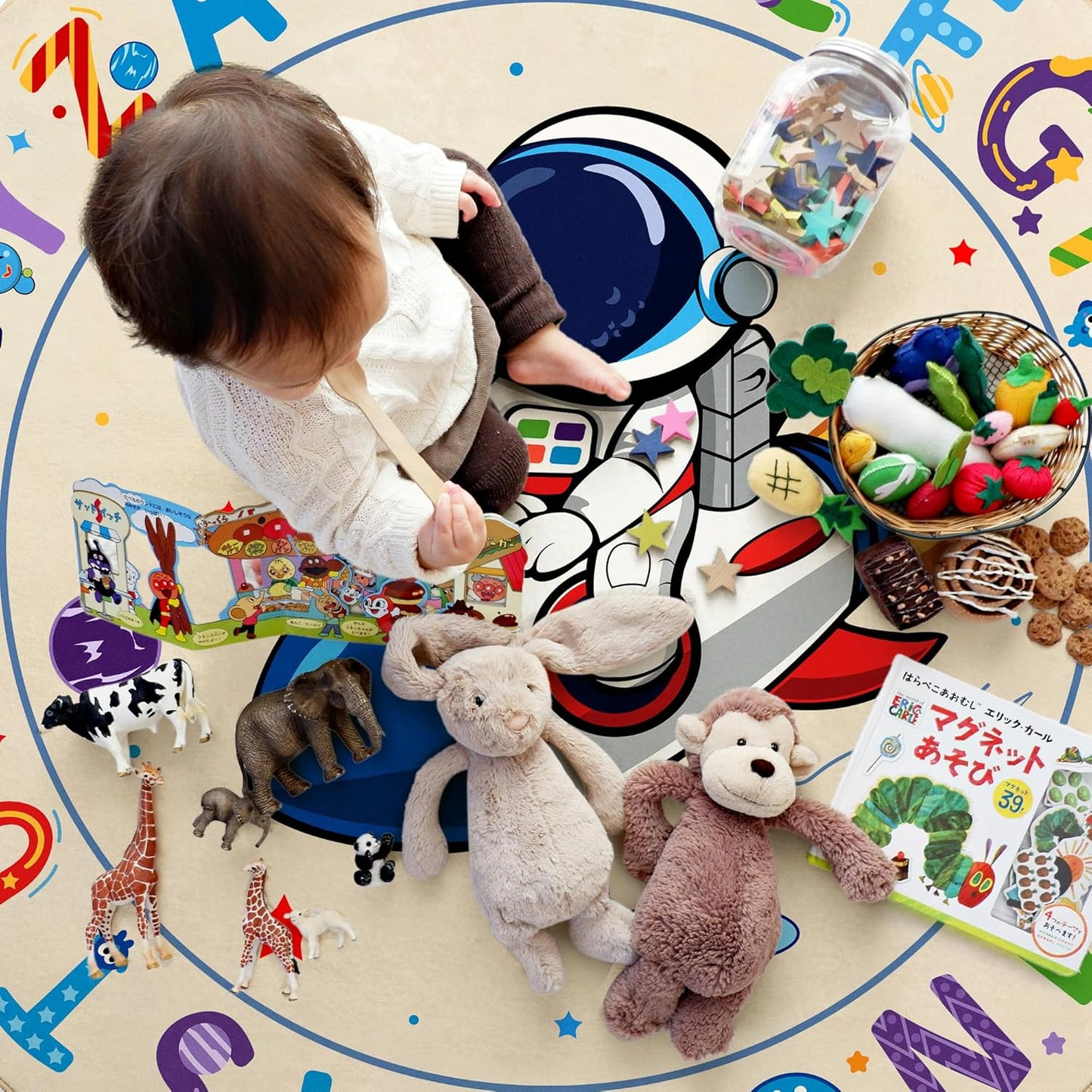 ABC Kids Alphabet Round Rug 4ft, Washable Soft Circle Nursery Rug, Non-Slip Educational Carpet with Space Astronaut Design for Classroom, Playroom & Kids Room Decor Blue