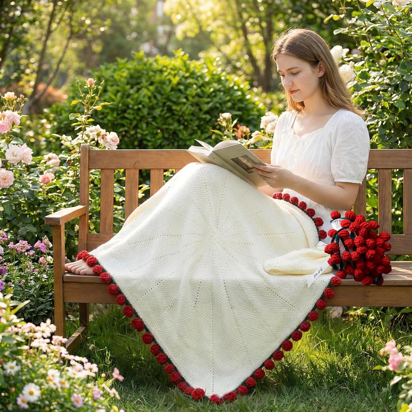 Valentines Day Gifts for Her, 59 Inch Crochet Rose Flower Bouquet Blanket, Birthday Gifts for Women Girlfriend Mom Wife Kids, Romantic Gift Ideas for Galentines Anniversary Christmas (Red Rose)