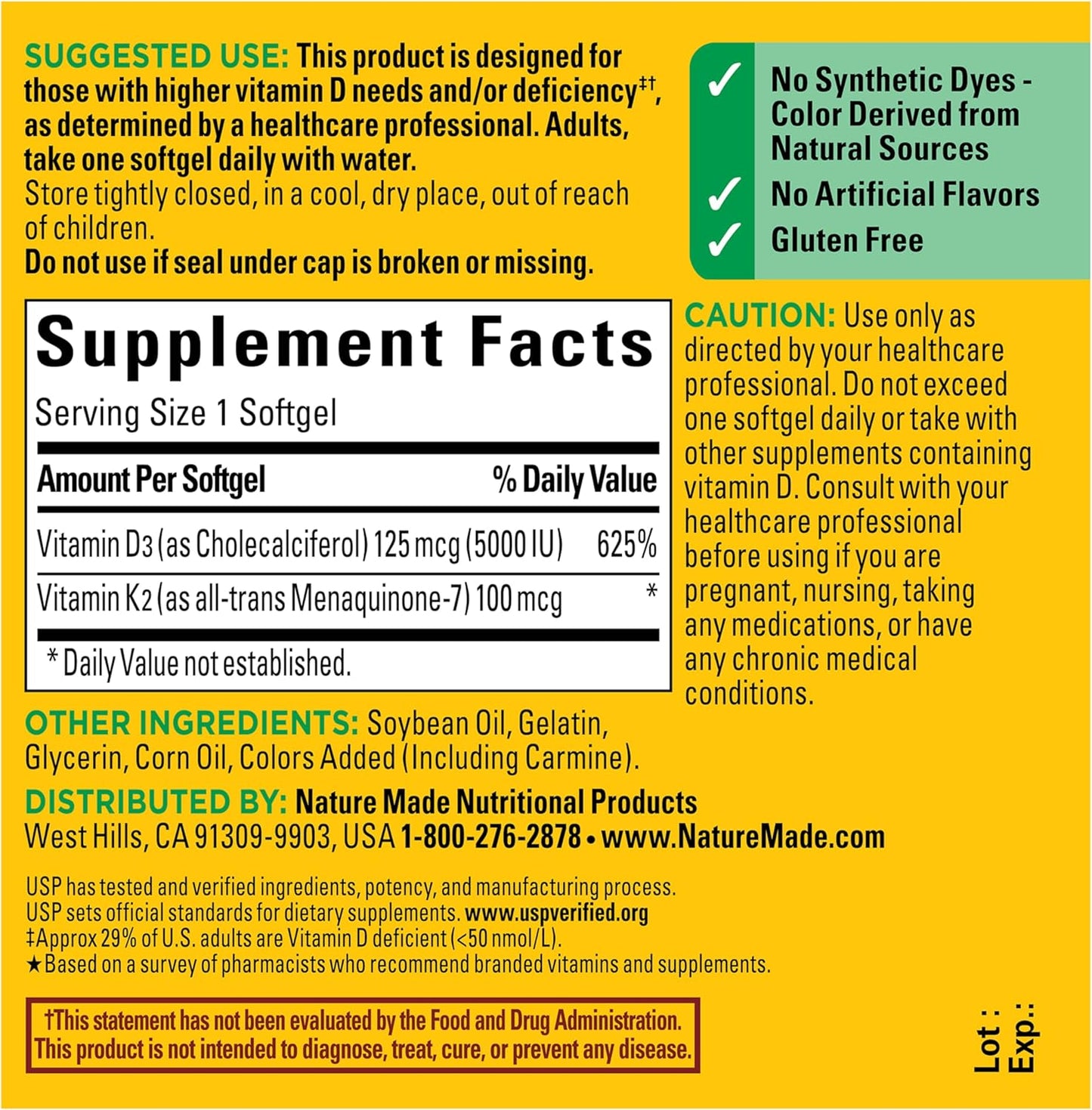 Nature Made Vitamin D3 K2 Supplement, 5000 IU (125 mcg) Vitamin D for Bone, Teeth, Muscle and Immune Support, 30 D3 and K2 Softgels, 30 Day Supply