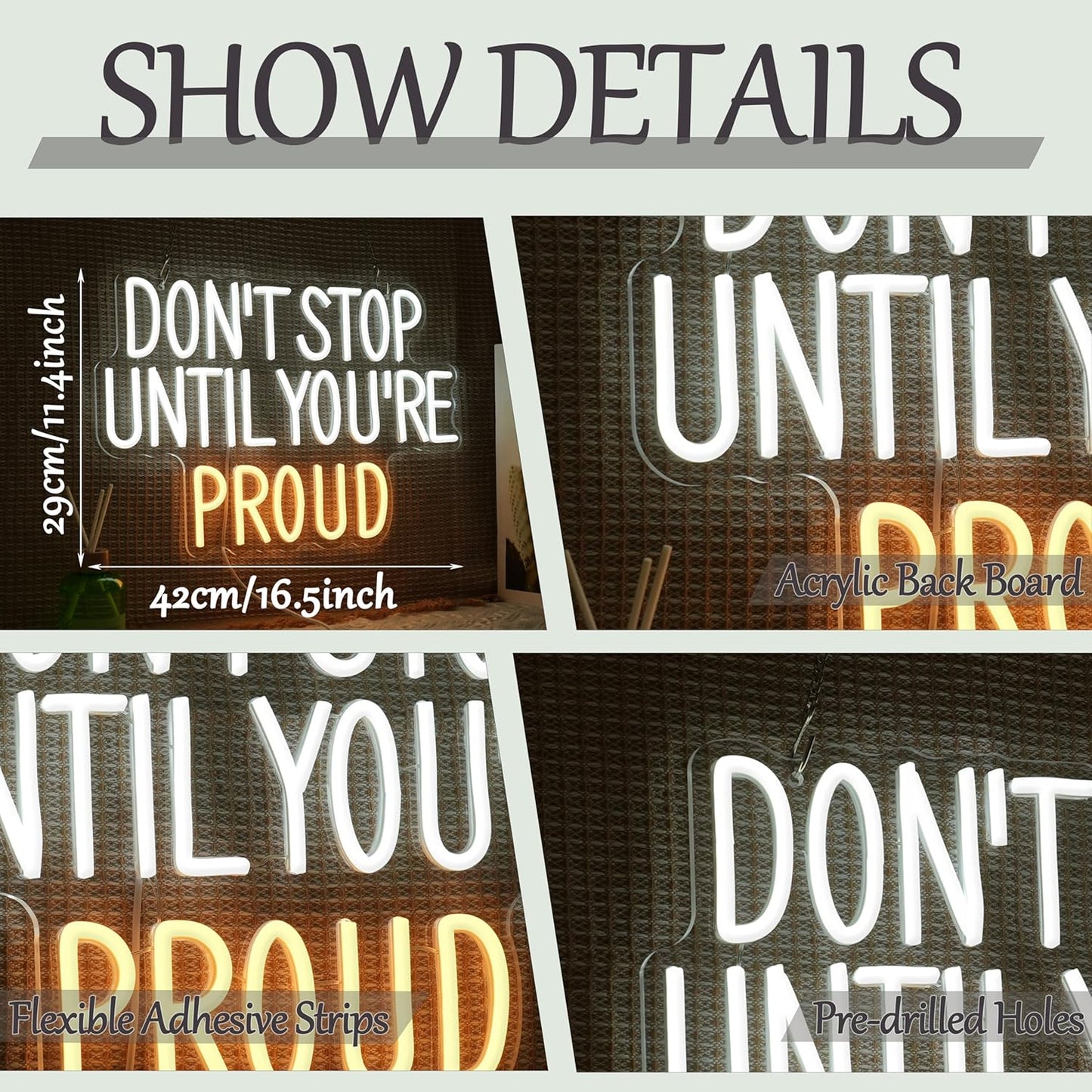 Don’t Stop Until You’re Proud Neon Sign for Wall Decor Inspirational White Neon Light Dimmable Encouragement Letter Light Up Sign for Bedroom House Gym Classroom