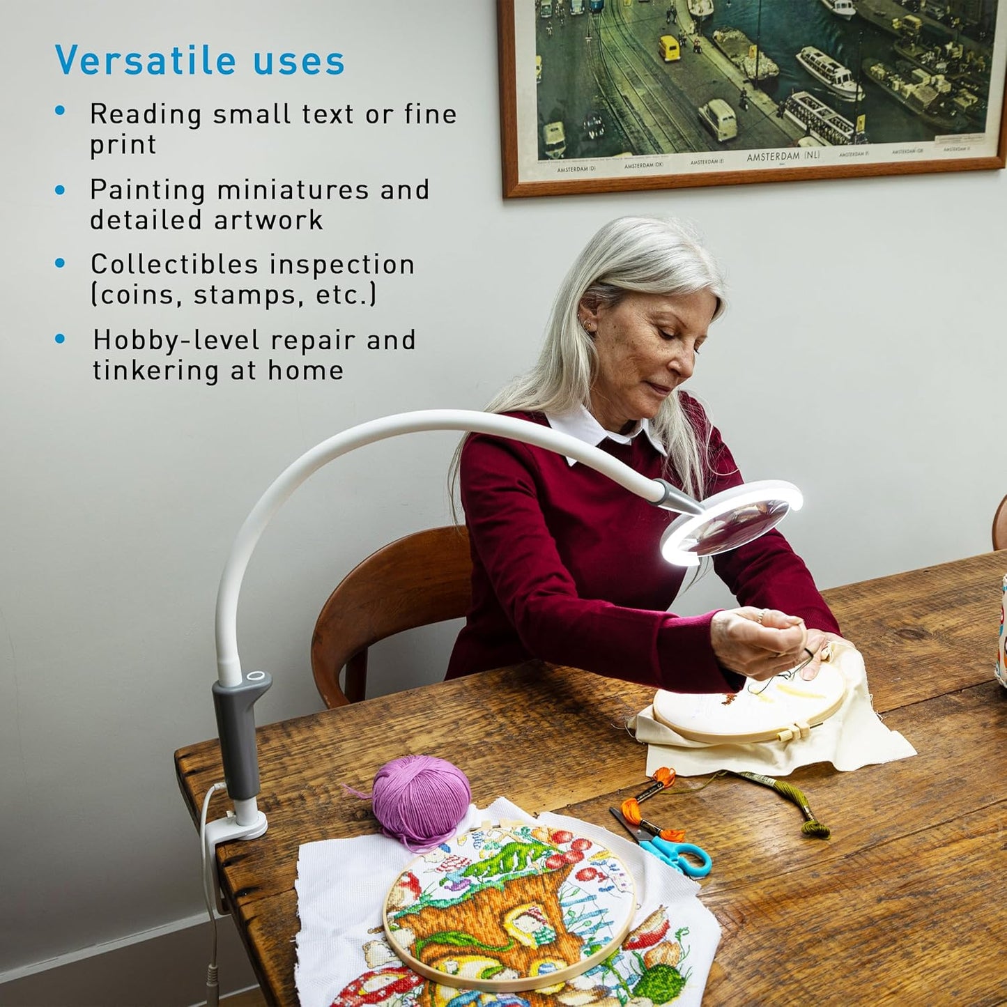 Daylight Magnificent Pro™ LED Magnifying Lamp with Clamp – 2-in-1 Task Light & Magnifier, 5,500 Lux at 6", 5" 1.75X Lens, 3 Brightness Levels, Flexible 26" Arm, 95+ CRI, Easy Twist Head – White/Grey