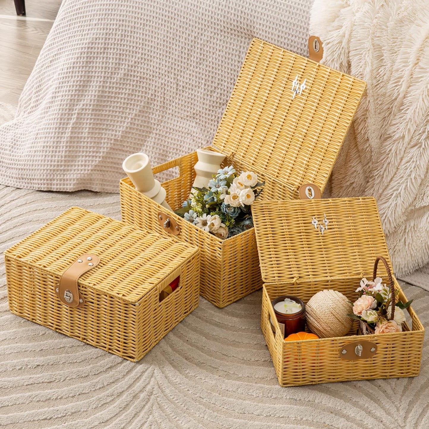 Wicker Storage Baskets with Lids, Set of 3 Decorative Storage Boxes For Organizing, Woven Baskets with Leather Lock and Handles (Beige)