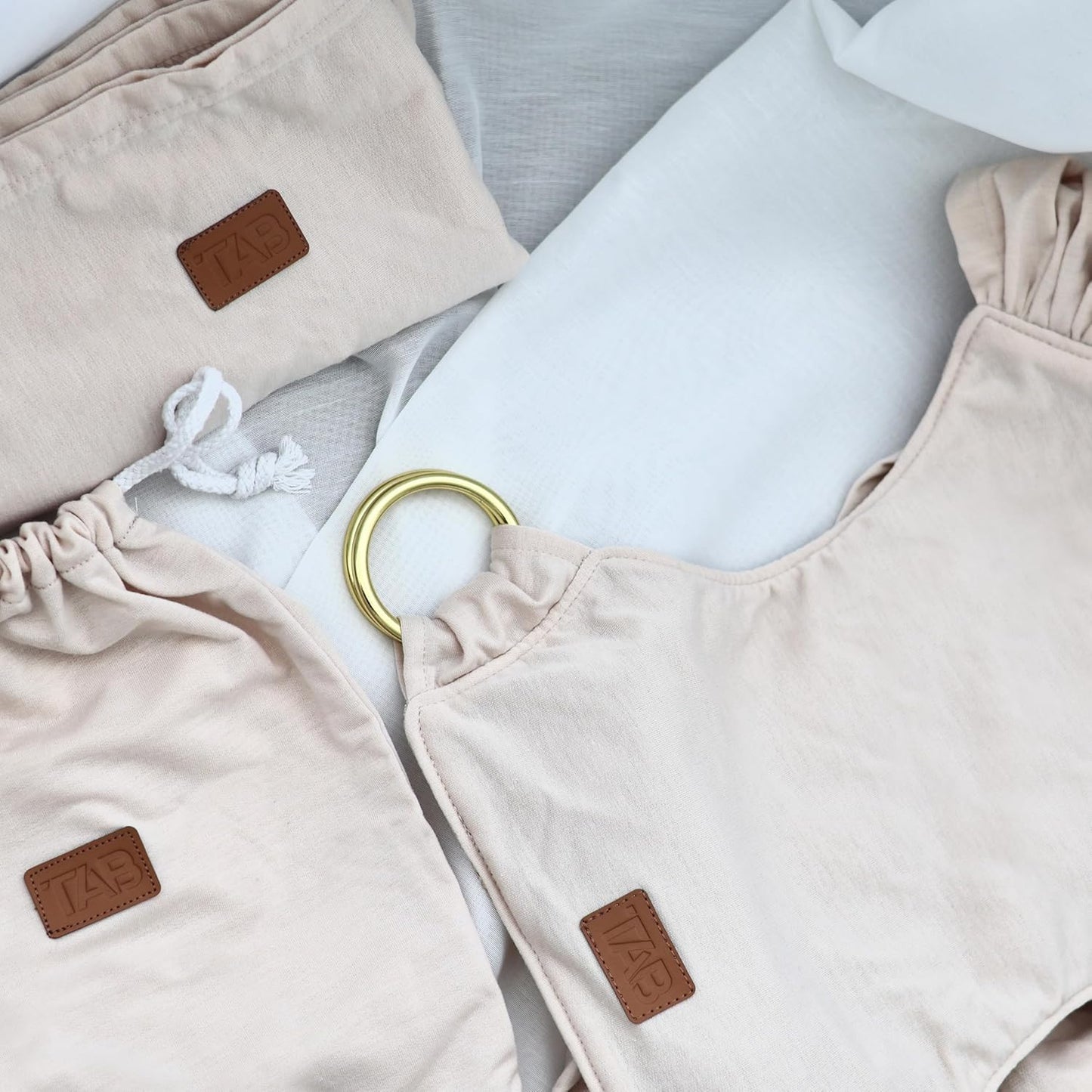 Stylish Beige & Gold Baby Carrier Wrap: Comfortable, Soft & Supportive, Adjustable Ring Sling for Mom & Dad, Ideal for Baby Registry, Newborn to Toddler, Baby Shower