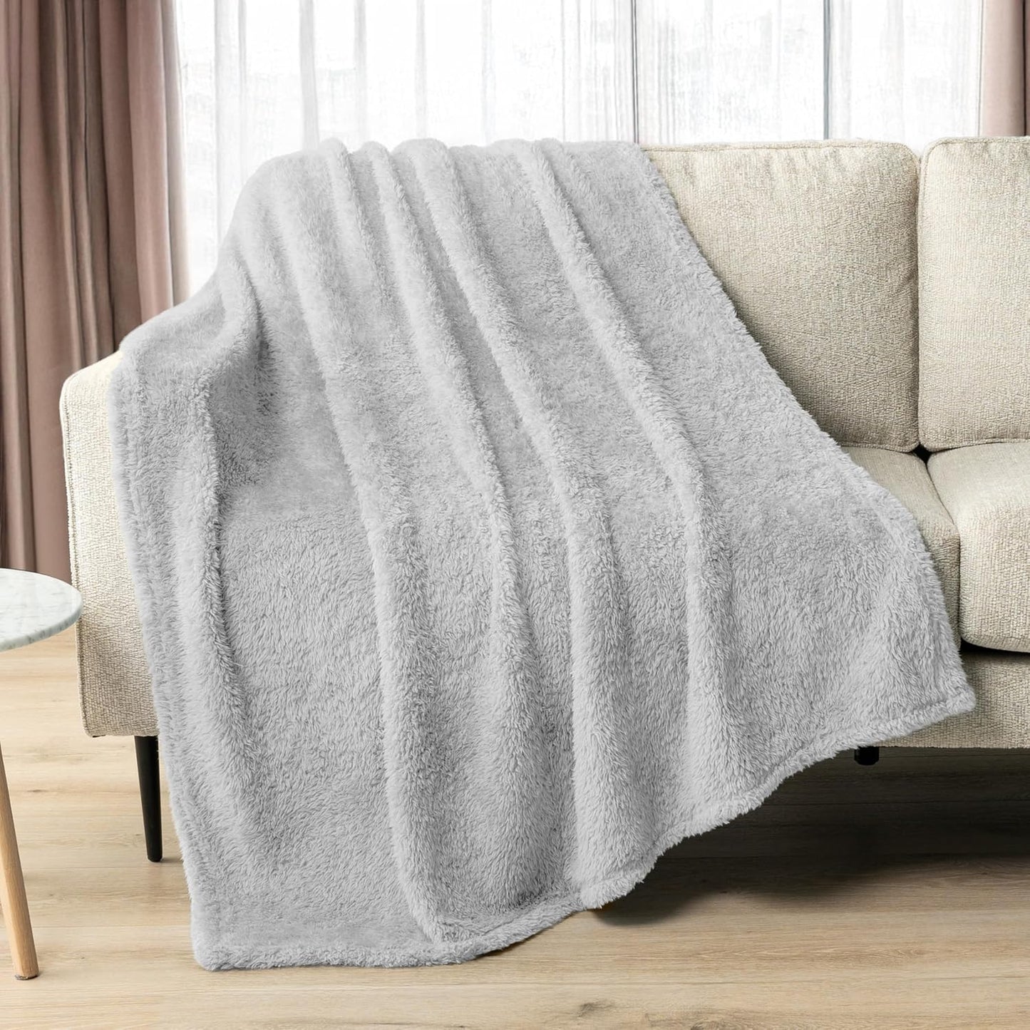 PAVILIA Sherpa Throw Blanket for Couch Sofa, Light Grey Fluffy Warm Plush Blanket for Bed, Cozy Super Soft Lightweight Throw, Fuzzy Decorative Blanket, All Season Home, 50x60