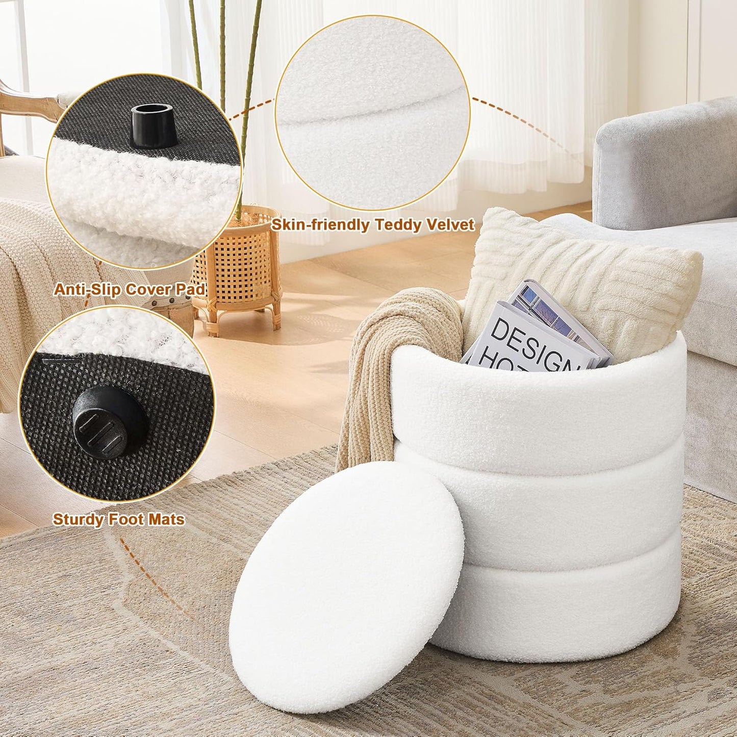Round Ottoman with Storage Set of 2, Soft Teddy Velvet Upholstered Foot Stool Vanity Chairs, Support 330lbs Padded Seat Multifunctional Ottomans Footrest, Foot Rest for Living Room, White