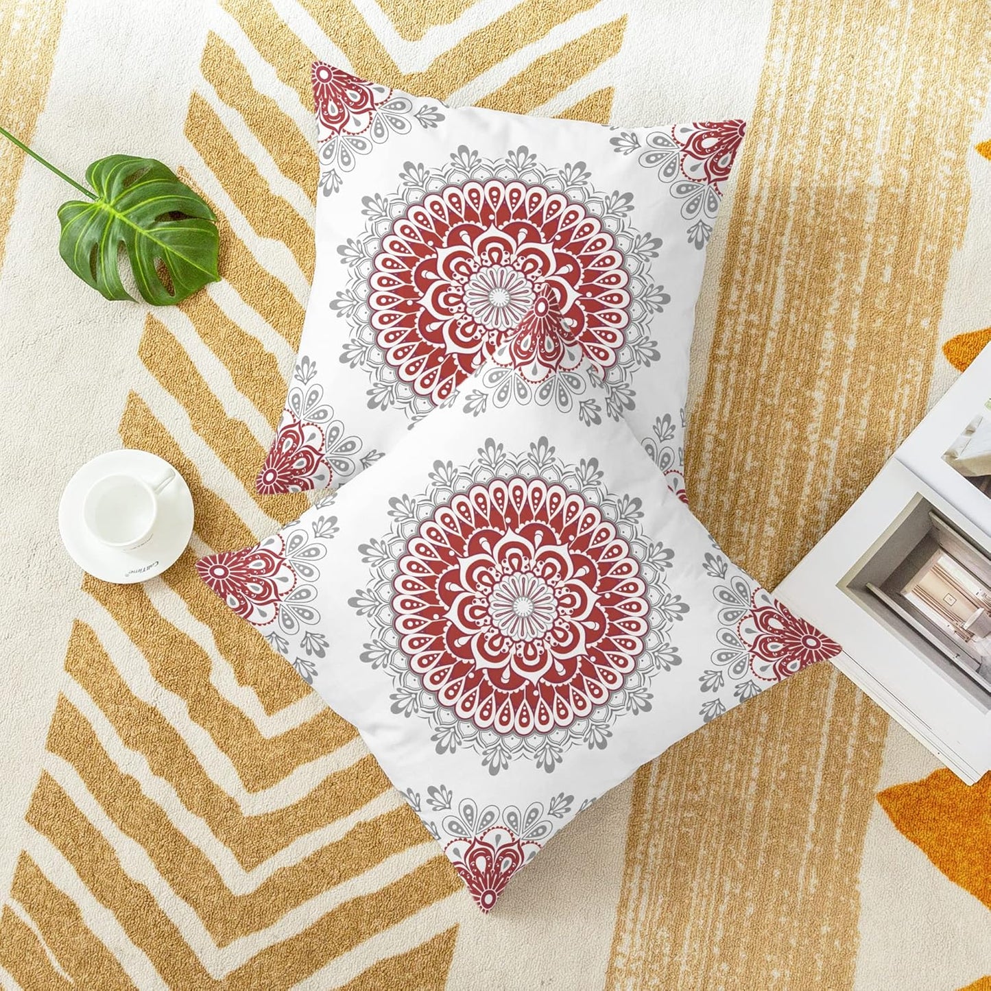 CaliTime Throw Pillow Covers Pack of 2 Cozy Fleece Mandala Dahlia Floral Medallion Compass Style Cushion Cases for Couch Bed Sofa Farmhouse Decoration 16 X 16 Inches Red Grey