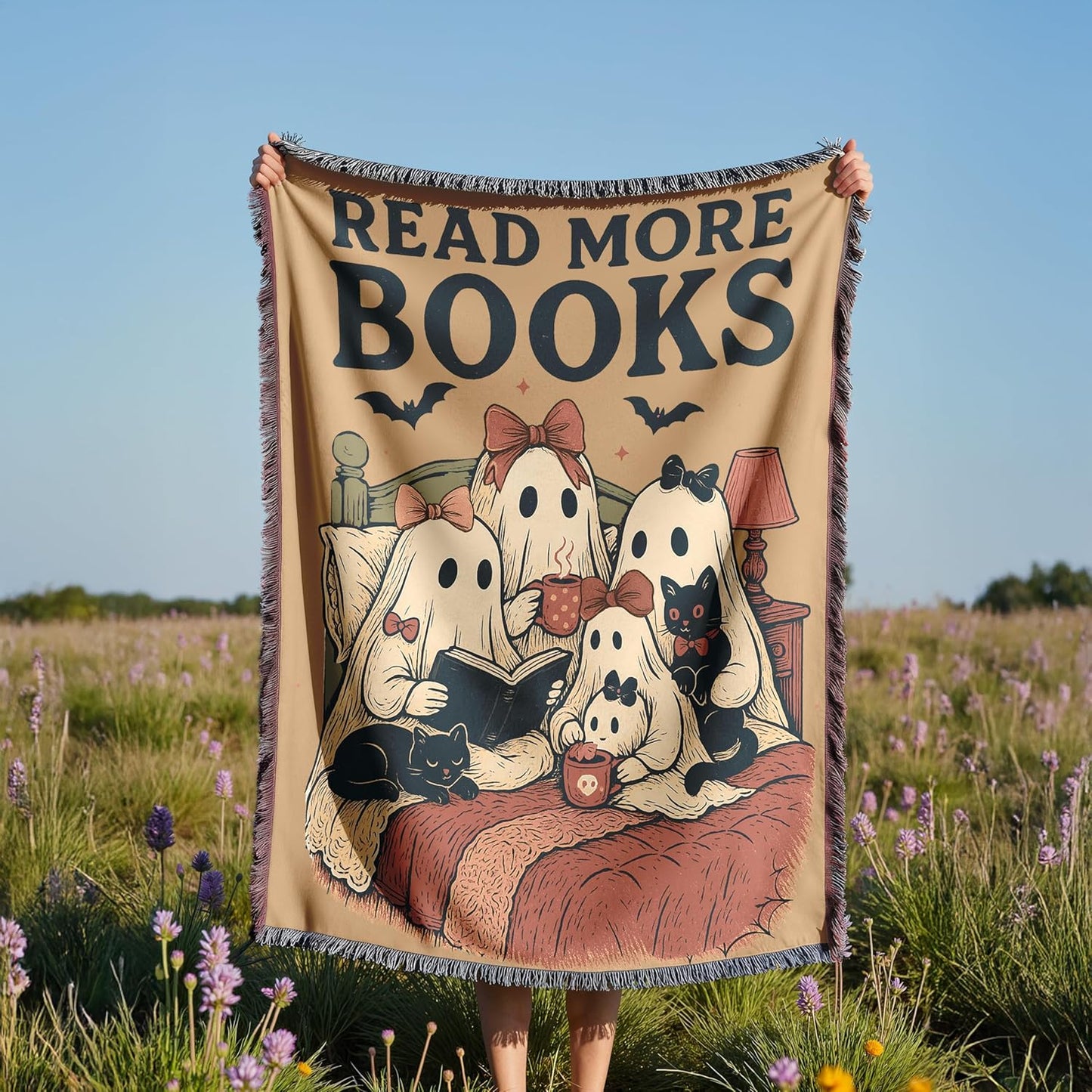 Read More Books Halloween Blanket – Ghost Book Lovers Woven Throw – Cozy Fall Blanket for Reading Nook or Gothic Decor