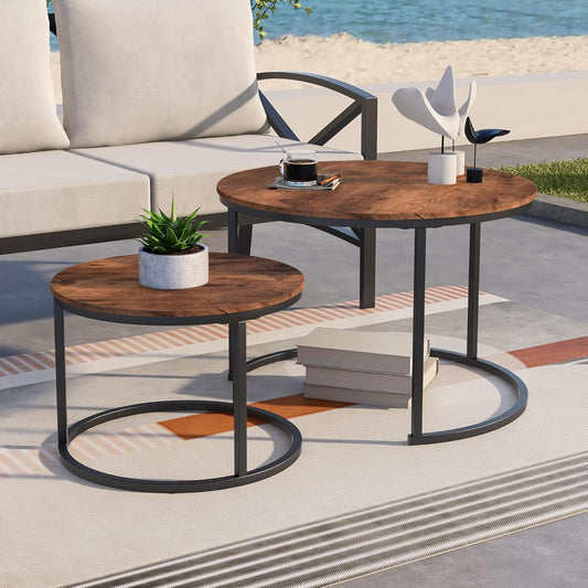BOFENG Round Nesting Coffee Tables, Set of 2 End Tables for Living Room/Balcony, Stacking Industrial Side Tables,Wood Look Accent Furniture with Sturdy Metal Frame,Easy Assembly