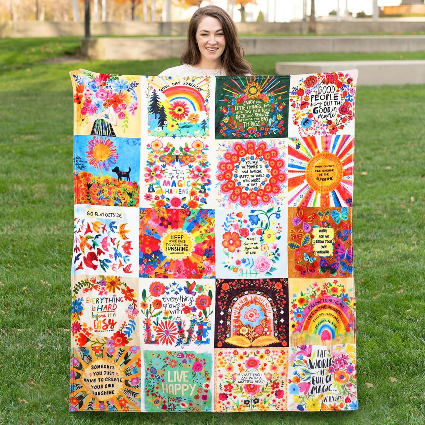 Boho Floral Throw Blanket Natural Life Patchwork Blankets, Natural Life Gifts for Women with Inspirational Thoughts, Soft Warm and Cozy Flannel for Sofa Bed Couch Travel 50"x60"