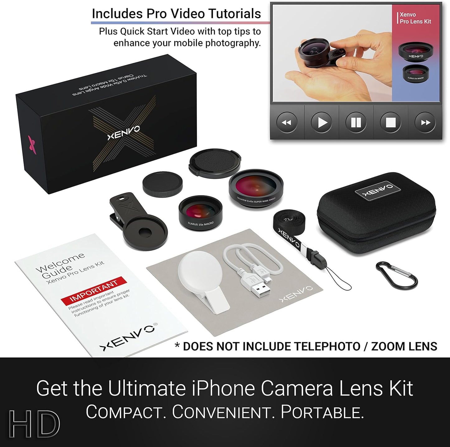 Pro Lens Kit for iPhone and Android, Macro and Wide Angle Lens with LED Light and Travel Case Black