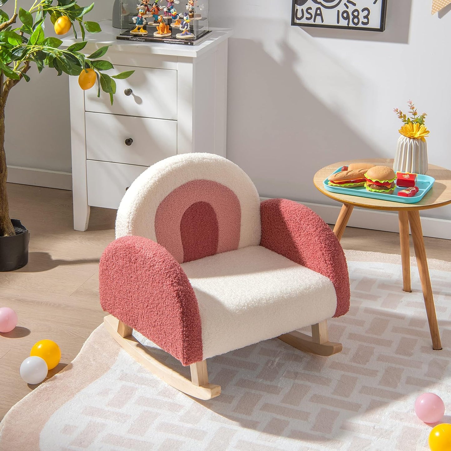 Kids Rocking Chair, Toddler Couch with Solid Wood Base & Non-Slip Pads, Kids Rocking Sofa with Plush Fabric, Cute Children Rocker Armchair in Playroom, Nursery, Bedroom
