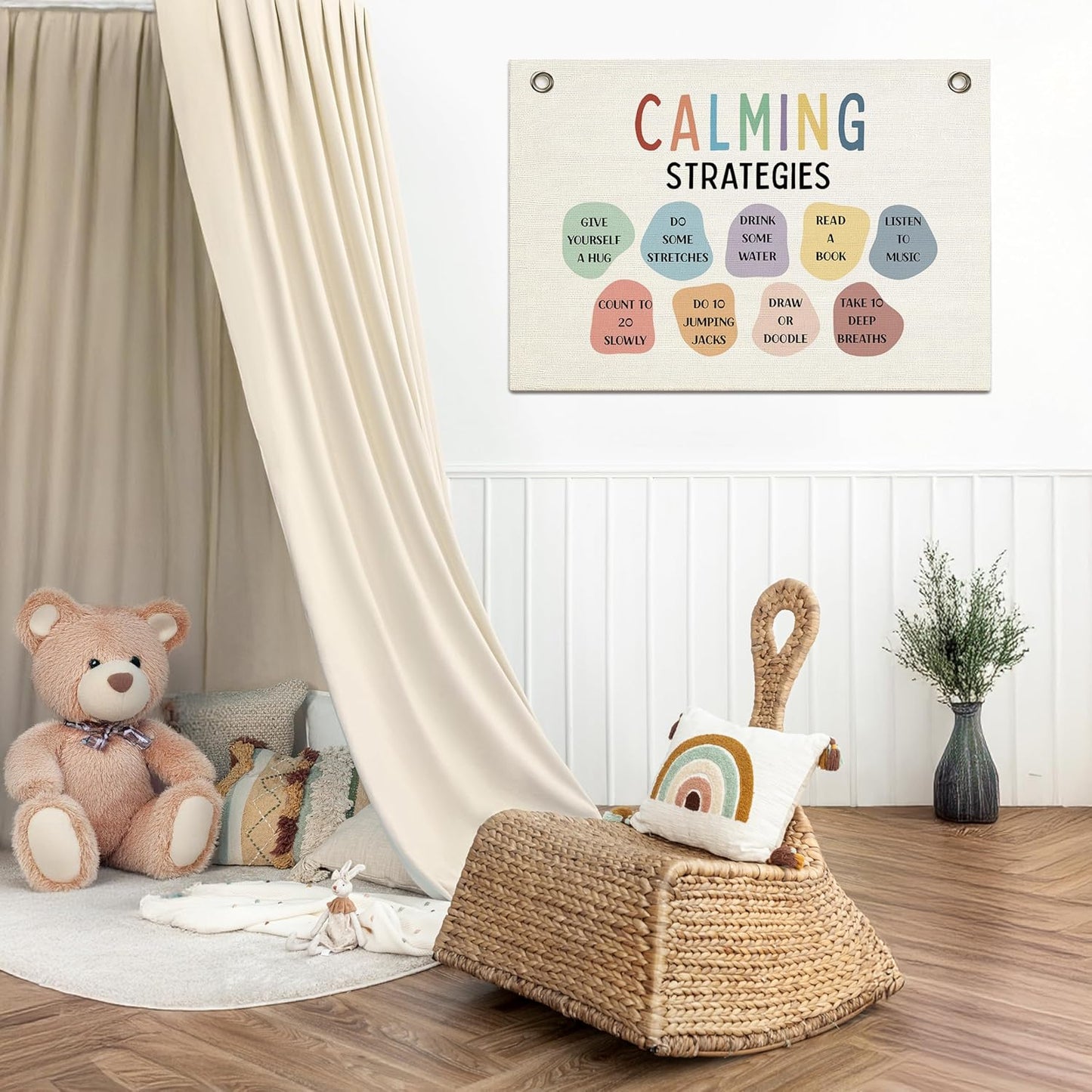 Calming Corner Hanging Banner Sign - Safe Space Classroom, School Counselor's Office, Calm Down Corner Decor for Nursery School Therapy Office, Positive Affirmations Inspirational Wall Art (Colorful, 30x20inch)