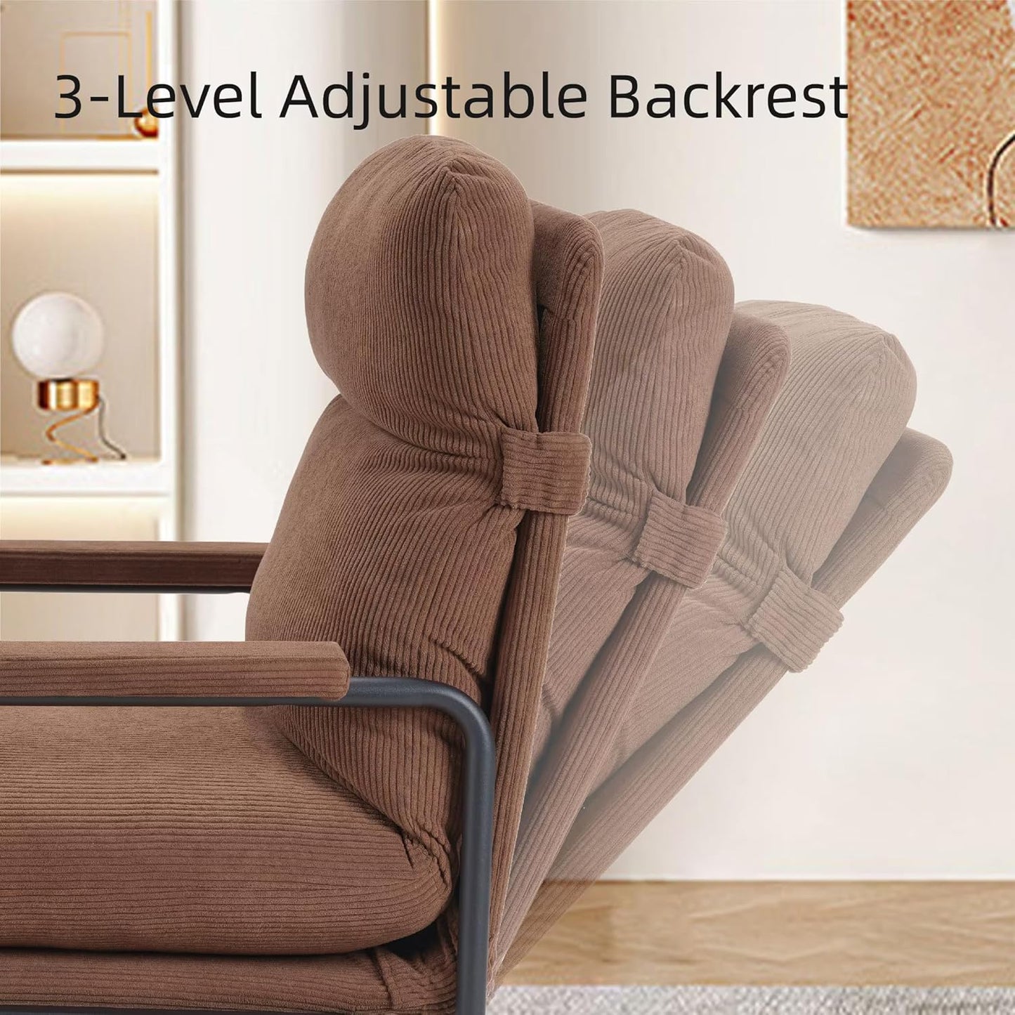 Modern Recliner Chair with Adjustable 3-Level Backrest & Removable Corduroy Cushions - 396 lbs Capacity Metal Frame Lounge Chair for Living Room, Bedroom, Office - Ergonomic Reading & Gaming Seat
