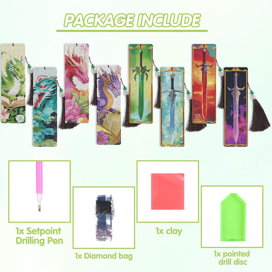 8 Pcs Dragon Sword Diamond Art Bookmarks Kit, Fantasy Diamond Painting Book Marks Kit with Tassels for Adults Beginners, DIY Bookmark Making Kit for Reading Men Boys Boook Lovers, Bookish Gifts