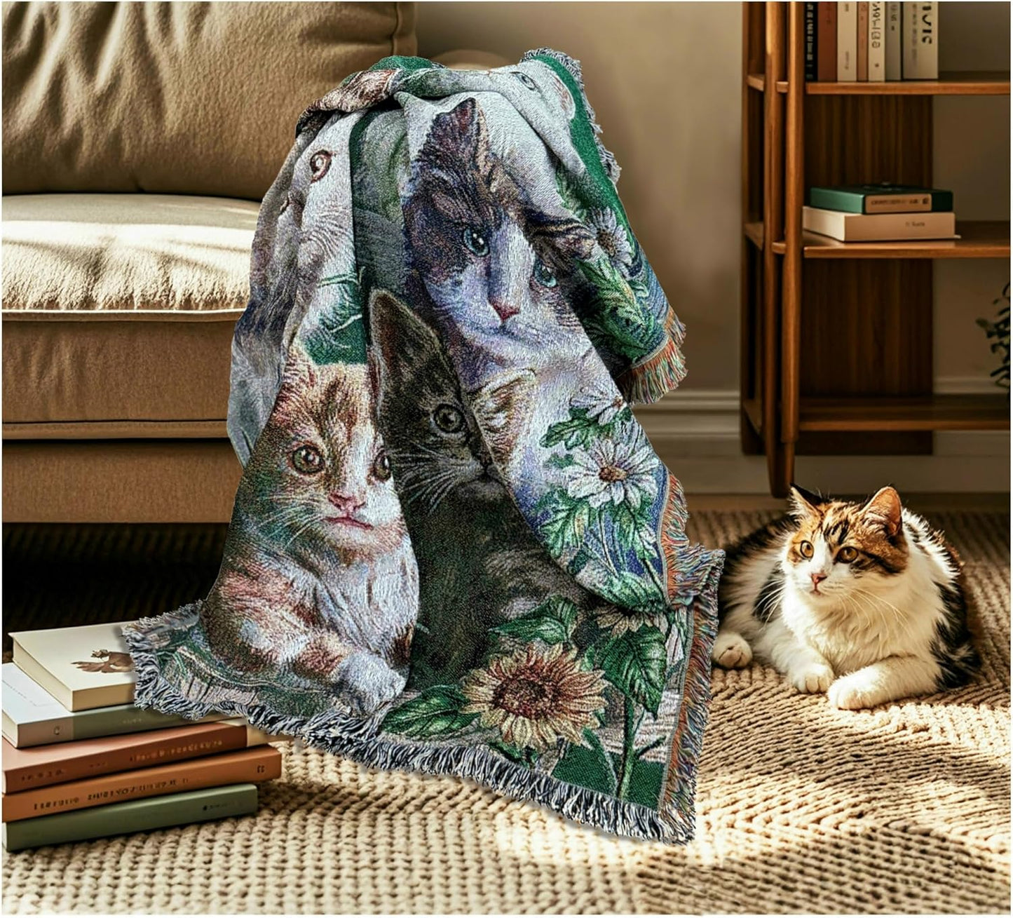 Garden Cat Flower Woven Tapestry Throw Blanket Wall Hanging Art Handicrafts Jacquard Multipurpose Soft Travel Mat Outdoor with Fringe Tassels 50 X 60 Inches