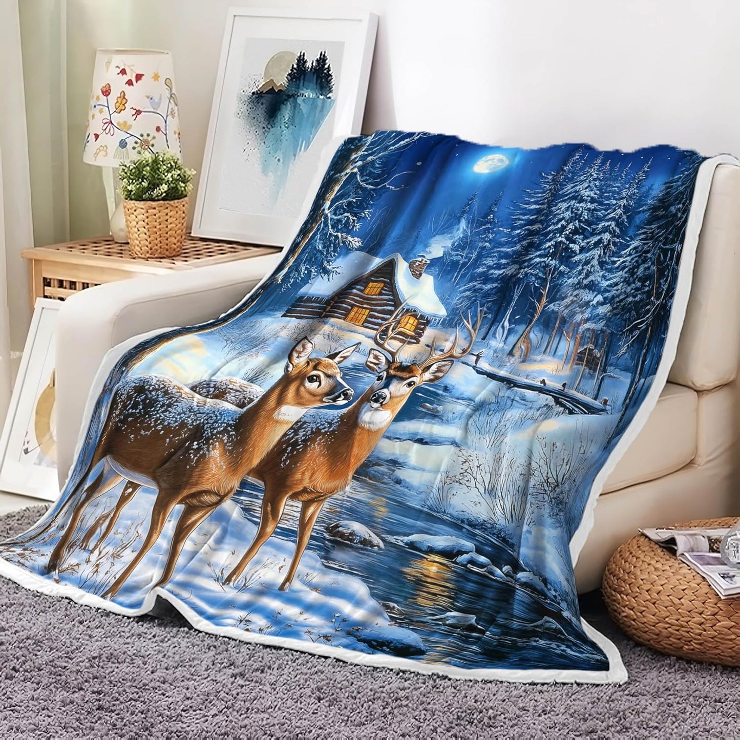Christmas Throw Blanket, Winter Deer Snow Forest Holiday Theme Blanket for Couch and Bed, Warm Cozy Winter Cabin Throw, Super Soft, 50x60 Inch, Blue