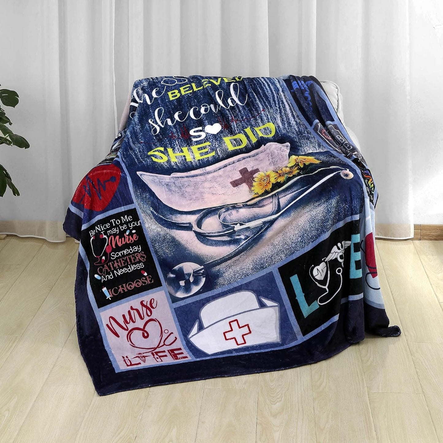 YunTu Blue Nurse Fleece Throw Blanket, Super Soft Sherpa, 60x80in, Perfect Nurse Gifts for Women