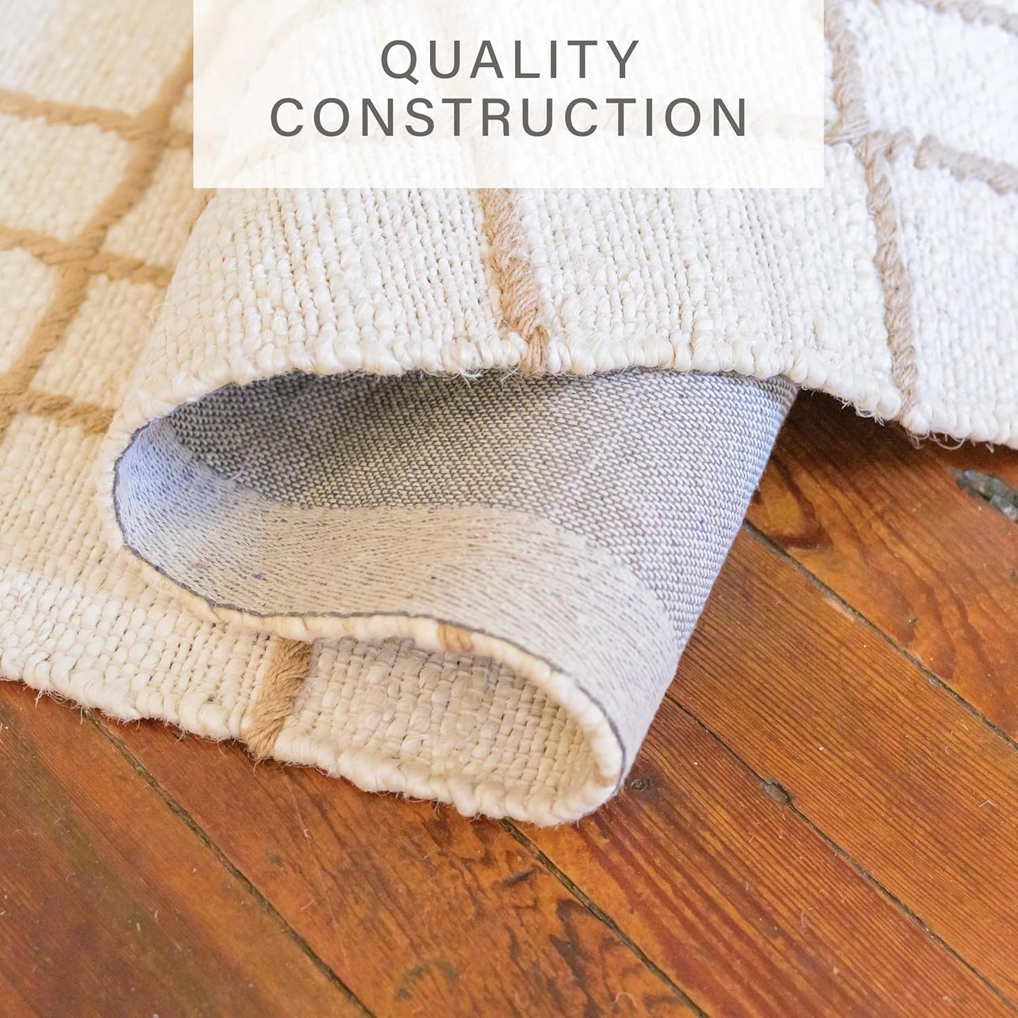 Homespice Faye Checkered Area Rug 4×6' - Jute Hand Woven Rugs for Living Room and Bedroom, Ideal for Scandinavian & Farmhouse Home Decor - Rectangular White and Brown Design with Cotton Backing