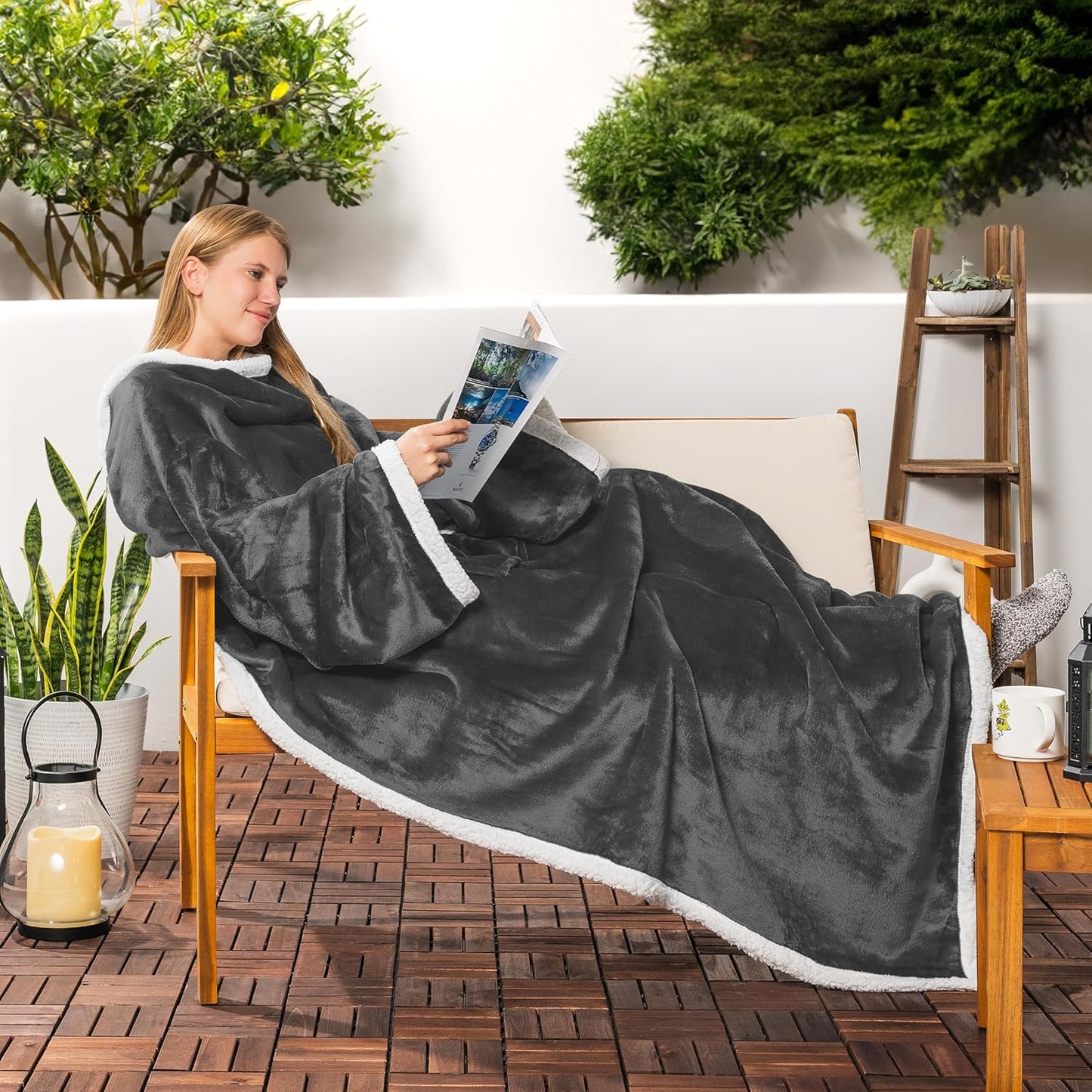 PAVILIA Sherpa Wearable Blanket with Sleeves and Pocket, Plush Thick Cozy Body Blanket Wrap for Adult Women Men, Christmas Gift for Wife Mom, Dark Grey