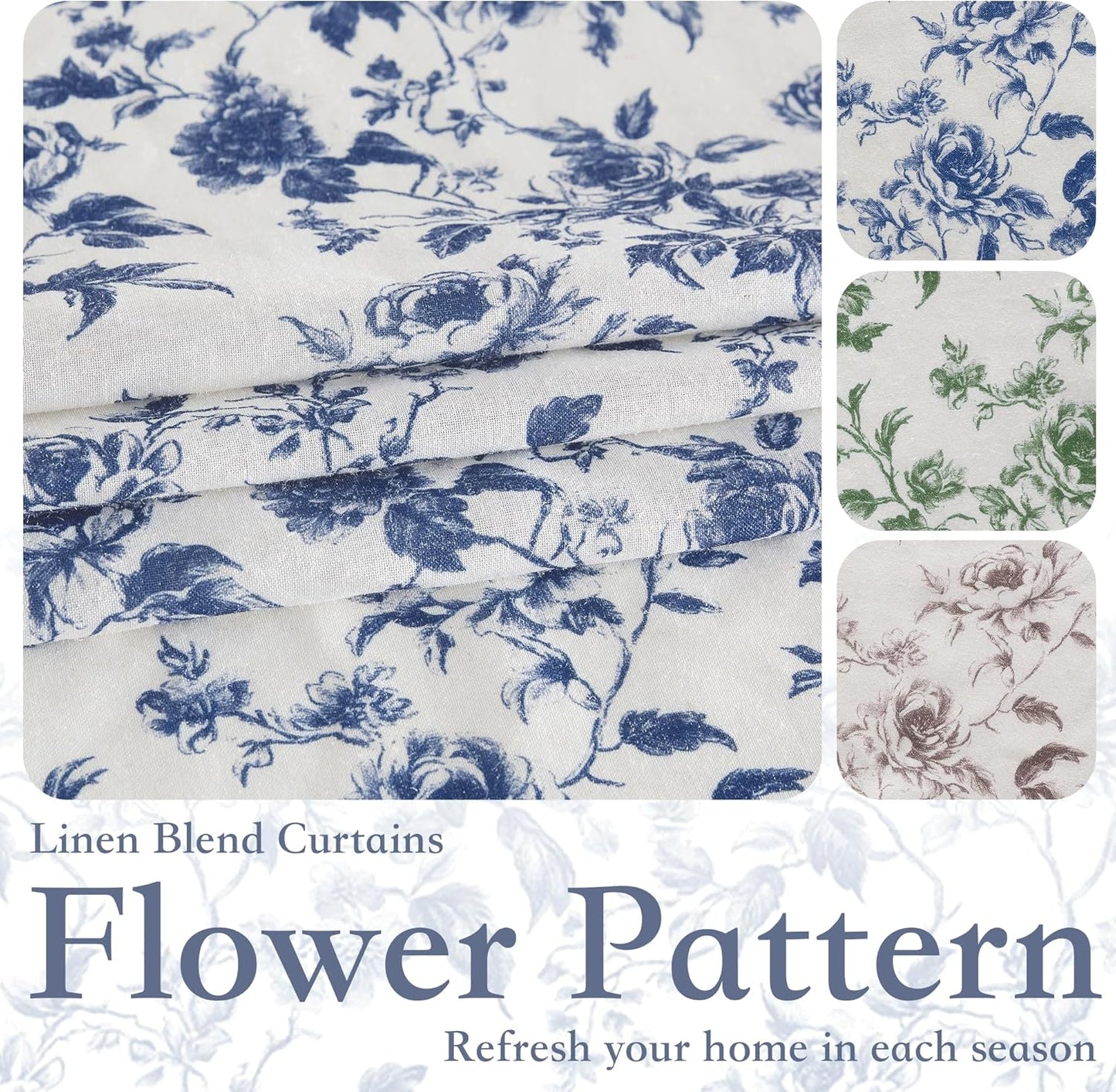 NICETOWN Blue Floral Curtains for Kitchen & Nursery, Linen Blend Drapes with Vintage Peony, Privacy & Light Filtering Inspired by British Museum's Blue & White Porcelain, W52 x L63 in, 2 Panels