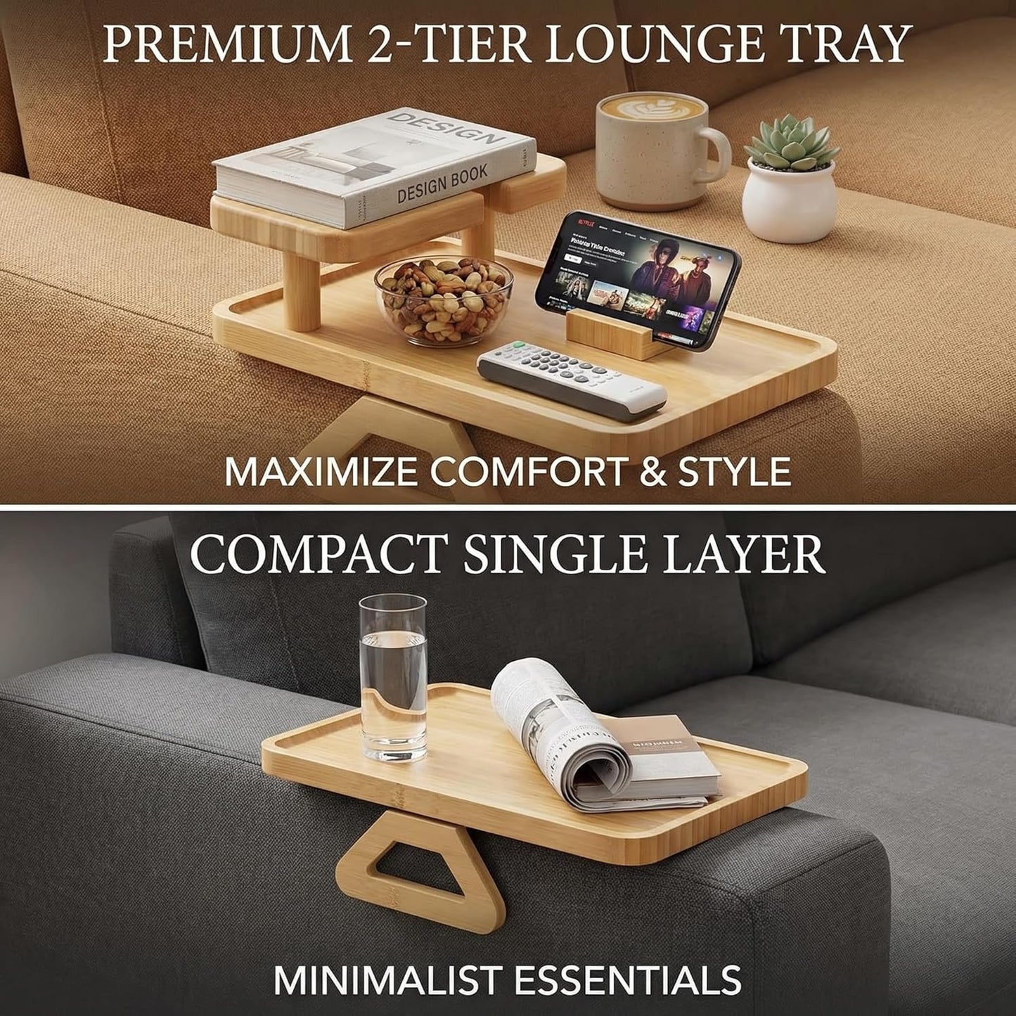Wood Sofa Arm Tray Premium Bamboo Couch Armrest Tray with Phone Holder & Cup Holder | Sofa Side Table for Snacks, Drinks & Remote | 13.8"x9.8"x3.9" Folding Design