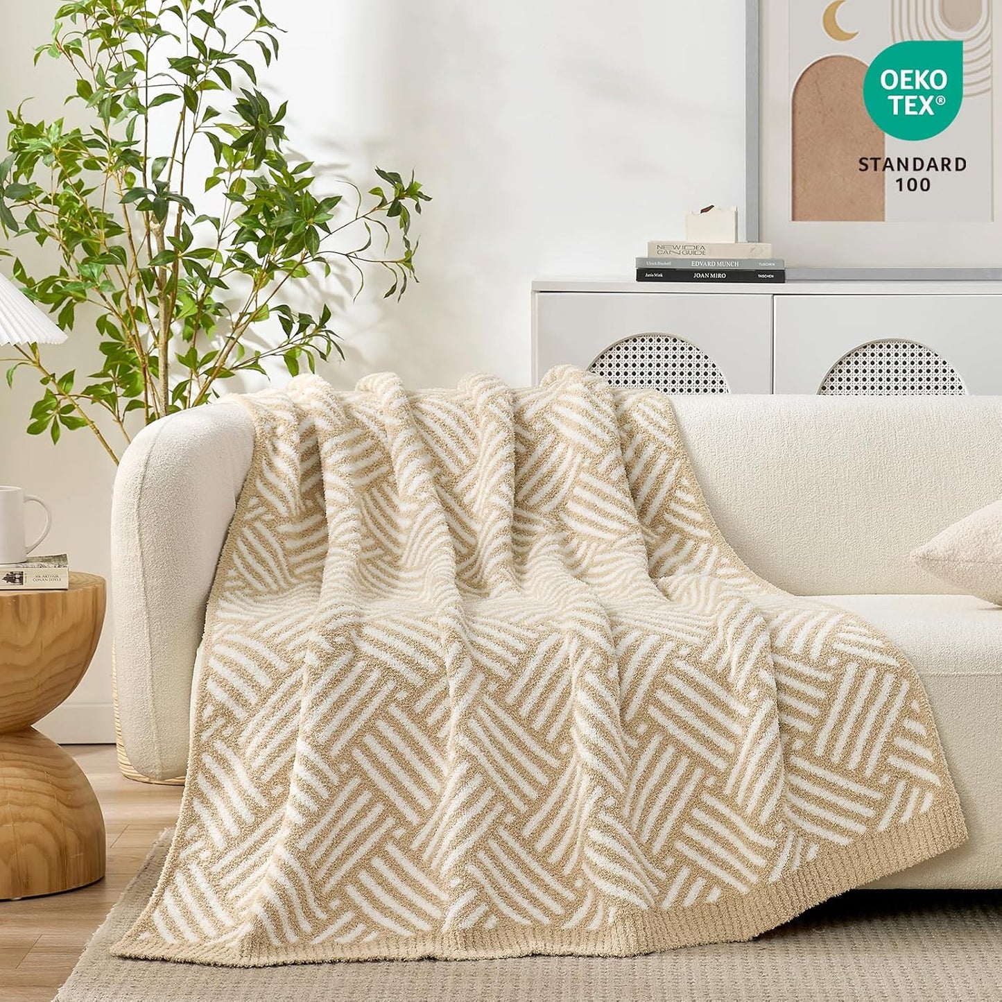 Snuggle Sac Ultra Soft Boho Throw Blanket for Couch Sofa Bed 50x60 inches, Reversible Beige Striped Blanket Microfiber Fluffy Fuzzy Cozy Knit Soft Throws Birthday Gifts for Women
