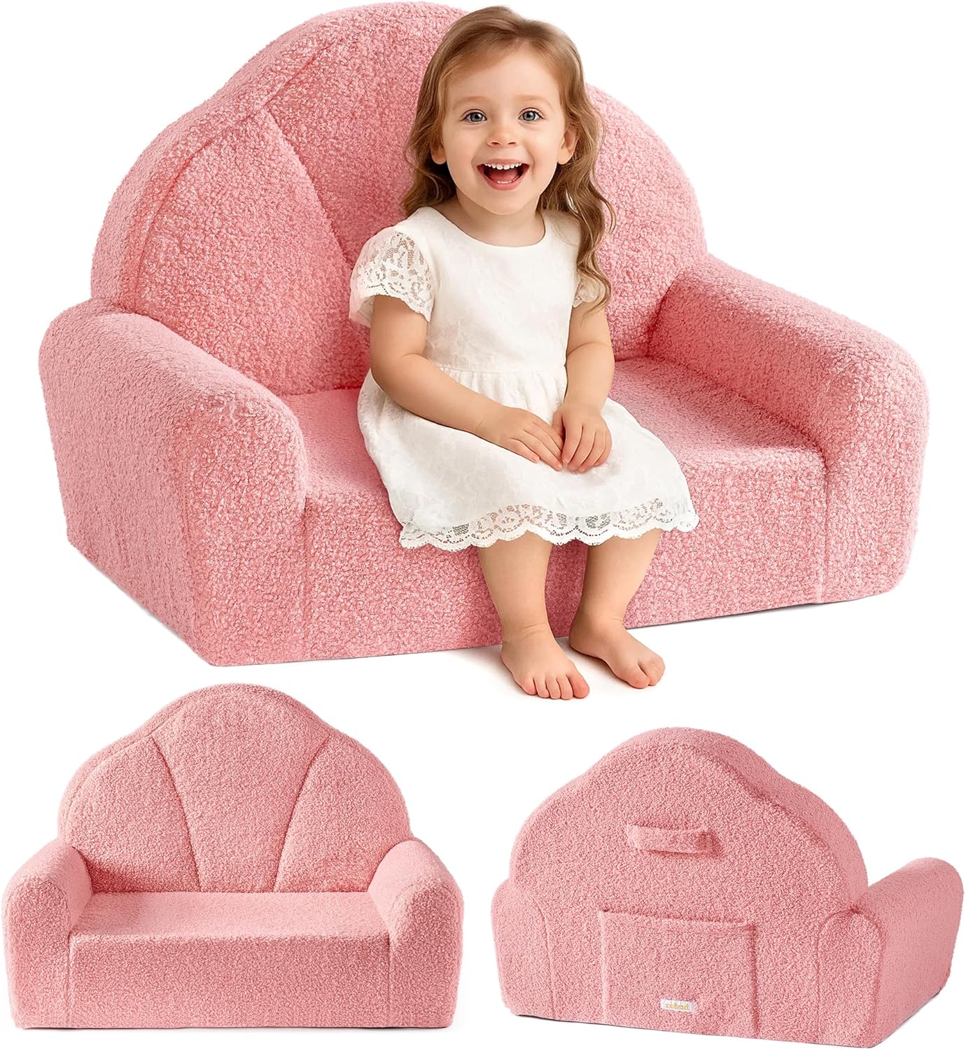 ROBUD Toddler Chair, Comfy Kids Sofa with Teddy Fleece, High Resilience Sponge, and Hidden Storage Pocket, Toddler Couch with Princess Style Design, Kids Couch for Boys and Girls, Pink