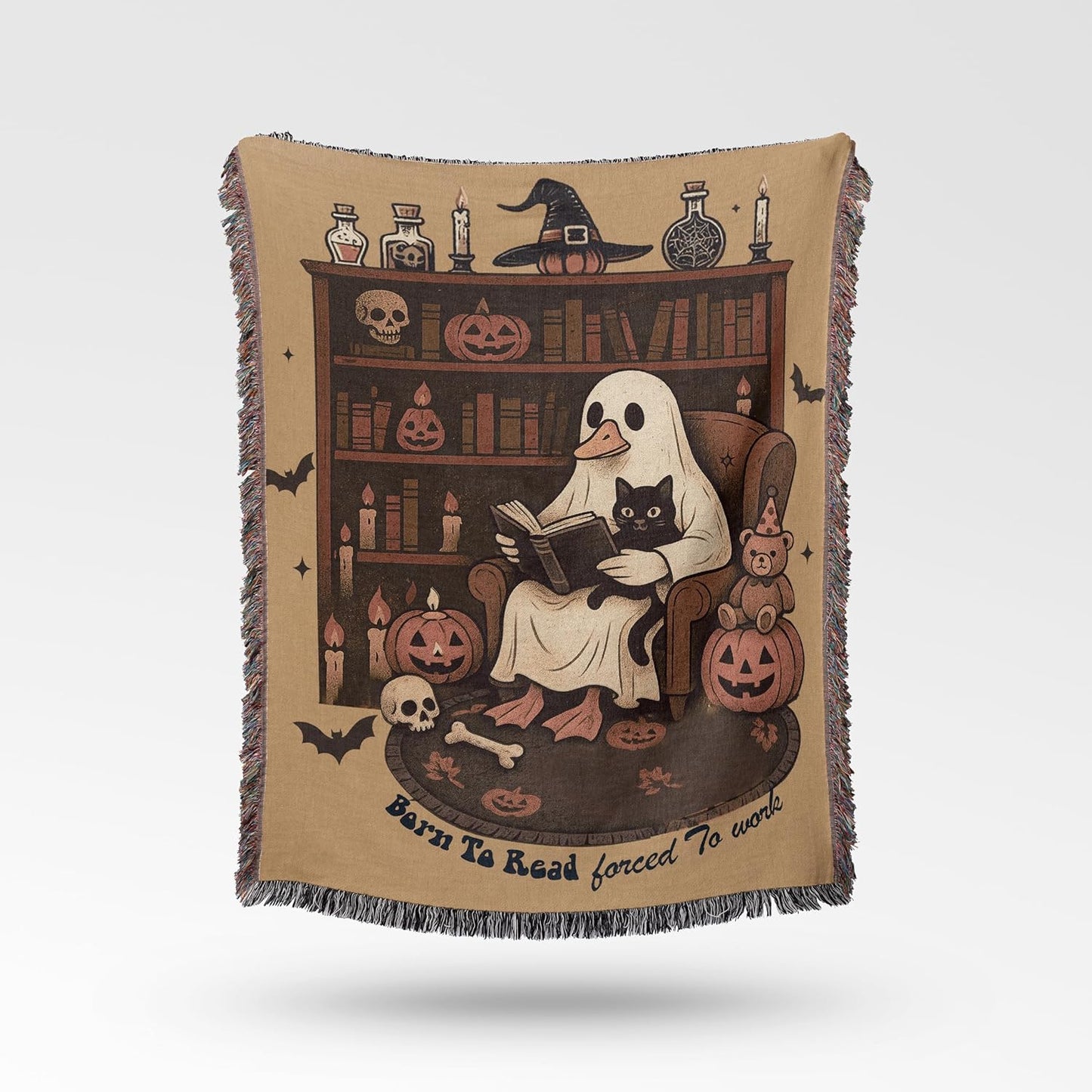 Born to Read Halloween Blanket – Ghost Reading Woven Throw – Cozy Fall Blanket for Book Nook, Gift for Readers & Spooky Decor