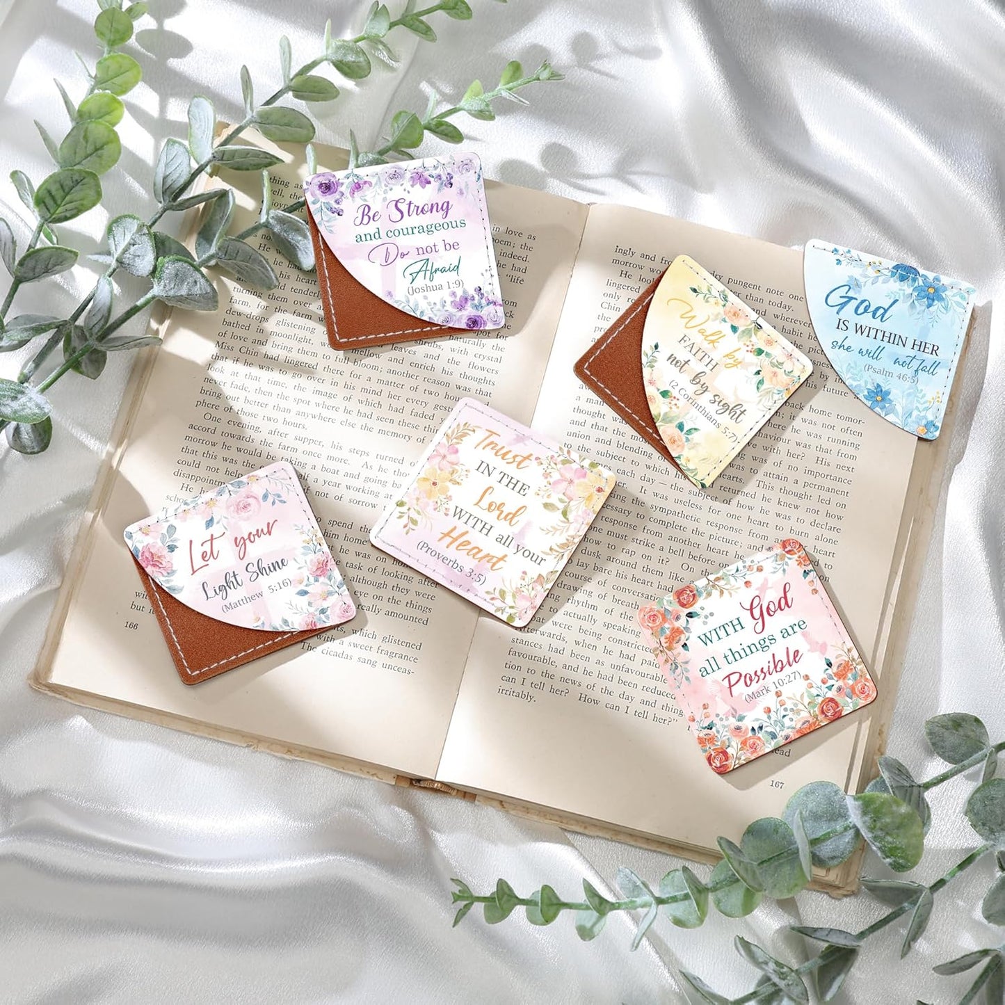 Christian Leather Bookmark Gifts - 6 Pcs Bible Verse Cross Corner Bookmarks for Women Book Lover Religious Flower Page Markers Reading Accessories Bookish Gift for Birthday Christmas Church