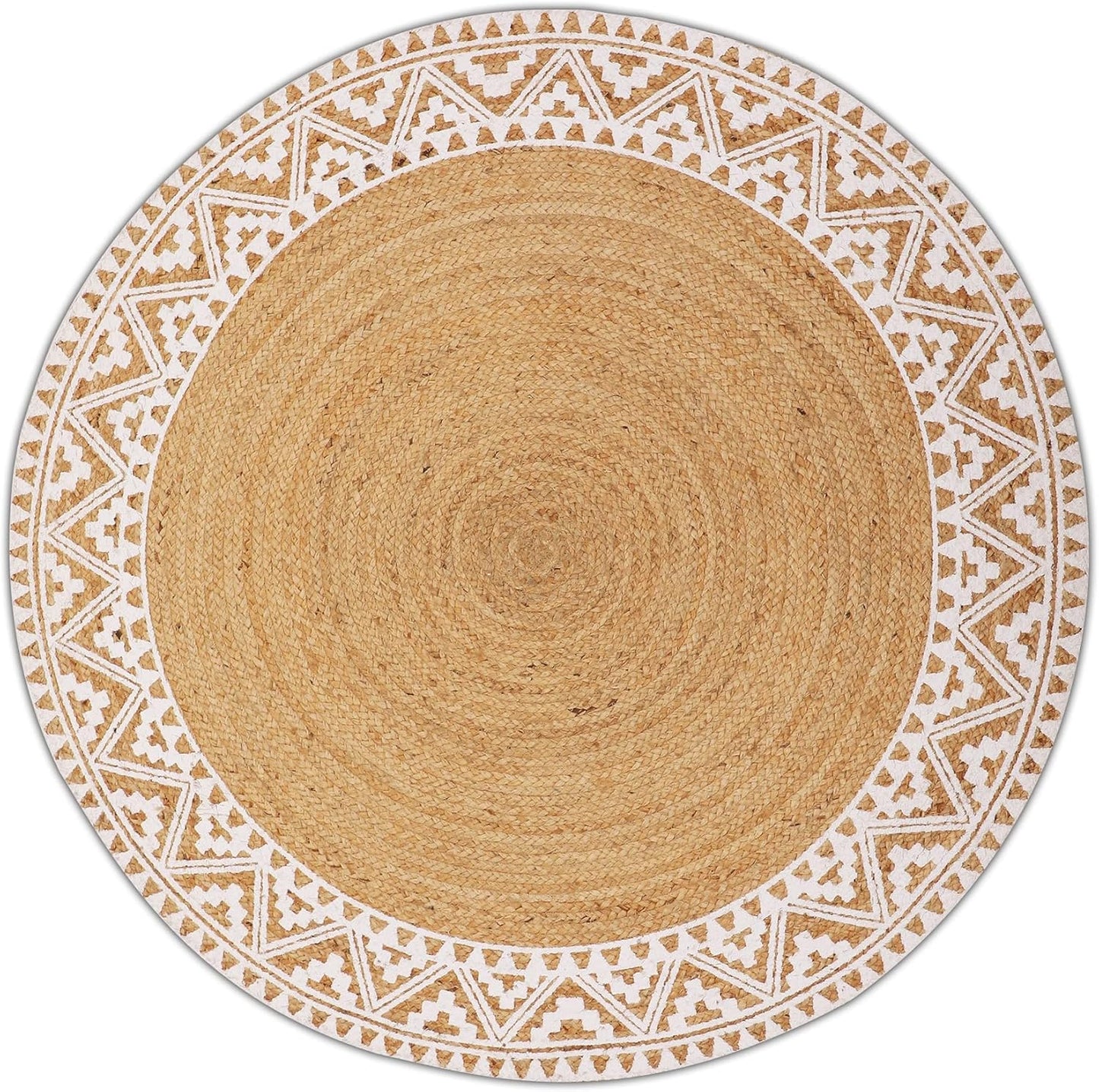 voyzz home Premium Natural Jute Braided Area Rug, 3-feet Round, White Printed Border, Stain Resistance, Natural Handmade Rug for Entryways, Living Room, Dining Room, Bedroom, Farmhouse, Kitchen