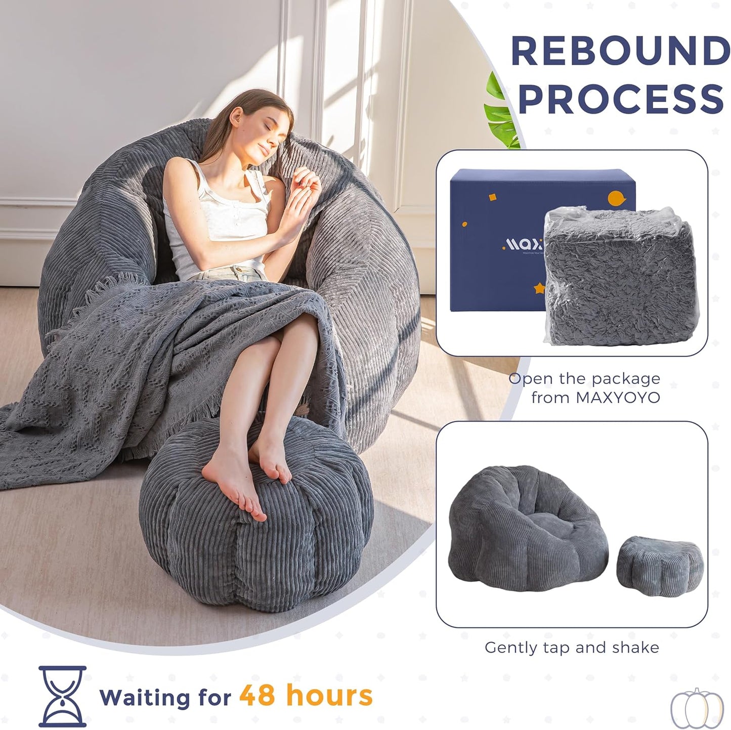 MAXYOYO Giant Bean Bag Chair with Ottoman, Pumpkin-Shaped Bean Bag Sofa with Footstool, Oversized Boneless Couch Chair in a Box, Comfy and Lazy Lounge for Dorm, Living Room, Bedroom, Dark Grey