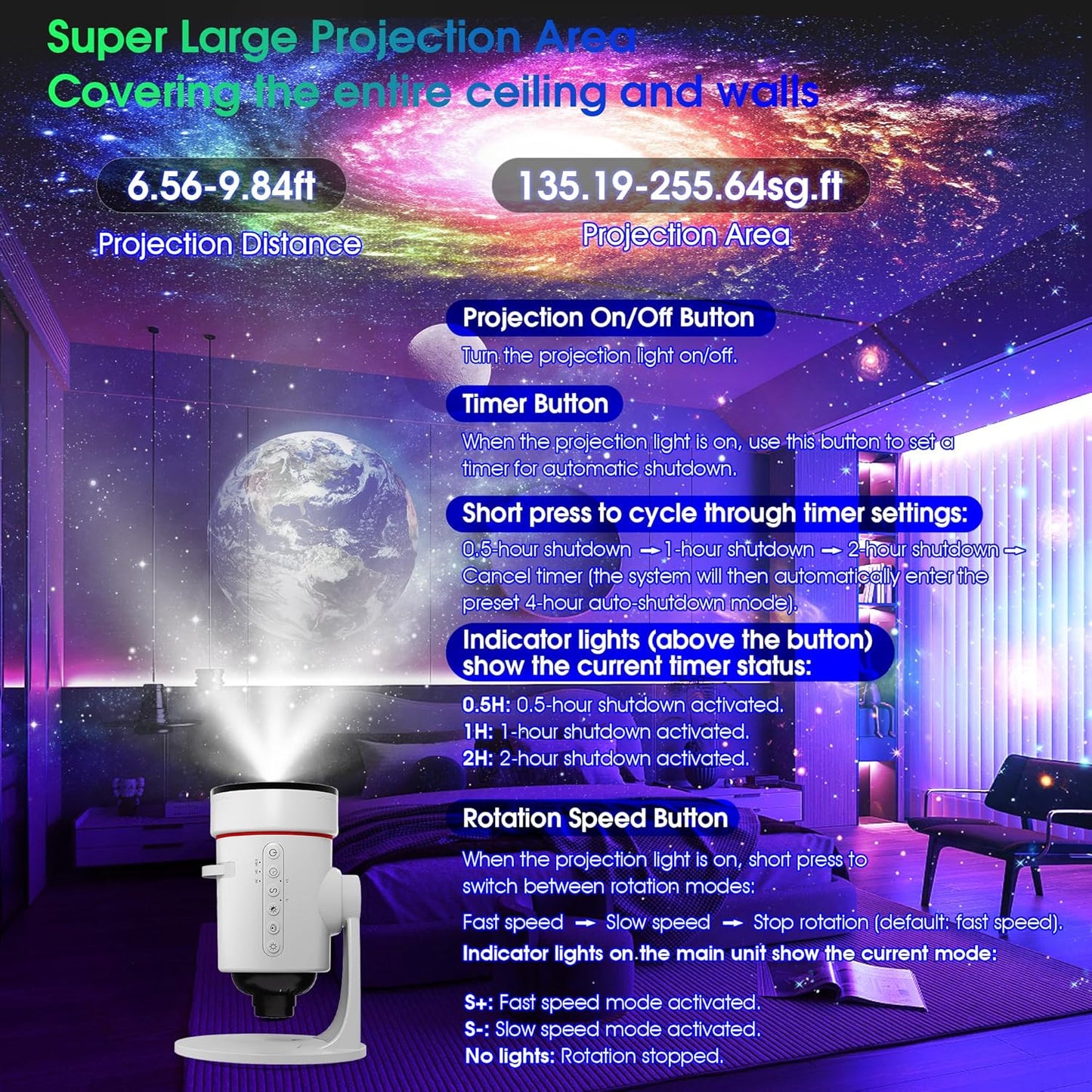 Galaxy Projector，Upgraded 4K HD Star Projector Lens, 10 Slides Image Planetarium BedRoom Lights，Ceiling Lights 360° Rotation 1/2/4Timer off &8 LED Color Night Light，for Bedroom, for Adults Kids
