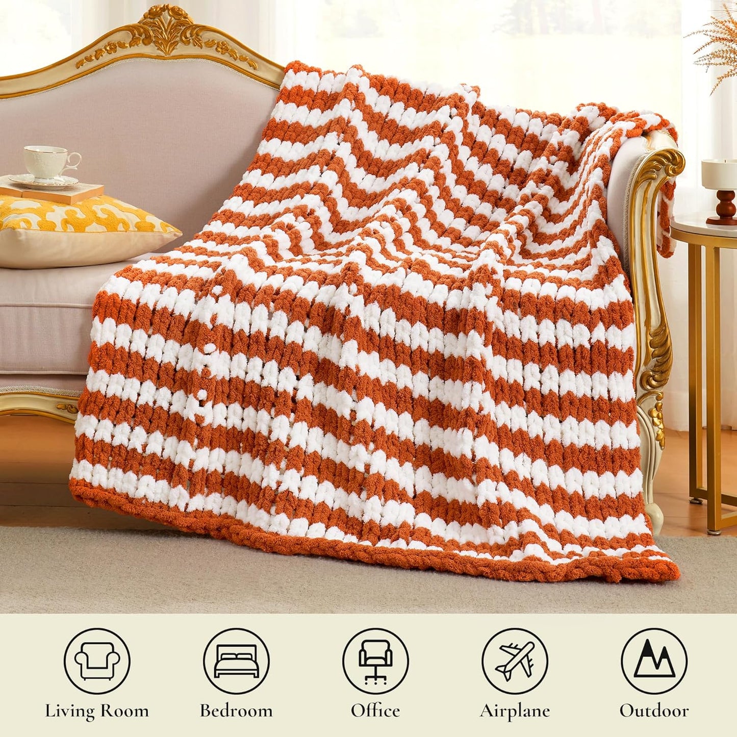 Amélie Home Chunky Knit Throw Blanket for Couch, Soft Chenille Crochet Blanket for Sofa, 50"x60", Burnt Orange & White Striped