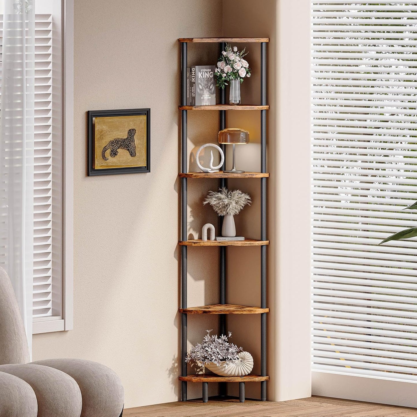 6 Tier Corner Shelf, 66.5'' Tall Standing Shelf, Narrow Display Shelf Stand, Modern Corner Bookshelf, Plant Stand, Corner Bookcase for Living Room, Bedroom, Bathroom, Rustic Brown LCS502R