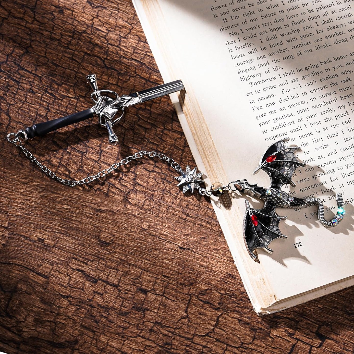 Fourth Wing Dragon Bookmark - Fantasy Sward Book Marks Vintage Tassel Metal Pendant Antique Silver Gray Inspirational Bookmarks Reading School Office Supplies Gift Men Boy Bookworm Reader