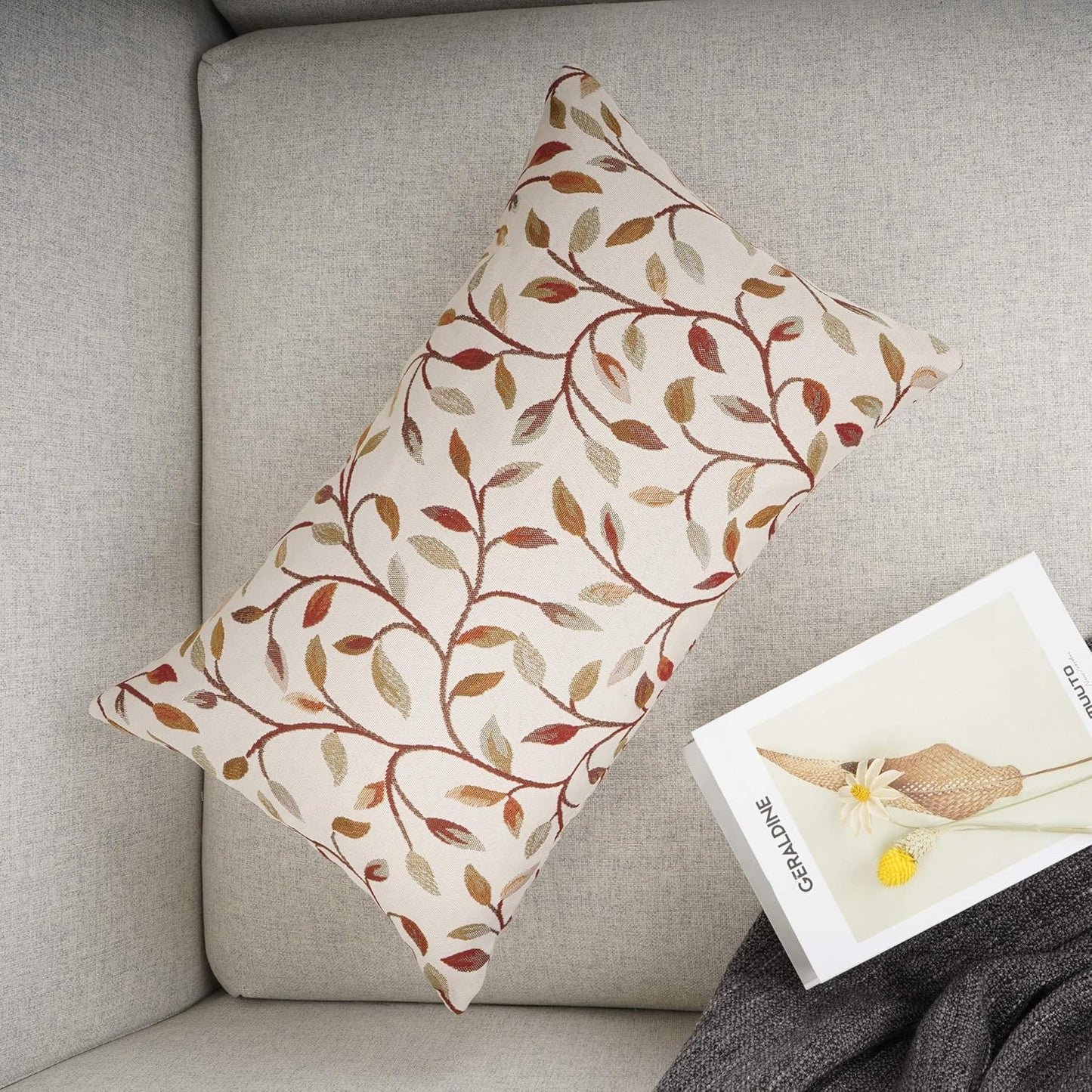 YOUR SMILE Farmhouse Oblong Rectangle Floral Chenille Embroidery Decorative Throw Pillow Case Cushion Cover Lumbar Pillowcase for Sofa 12 x 20 Inch, Brown Leaves