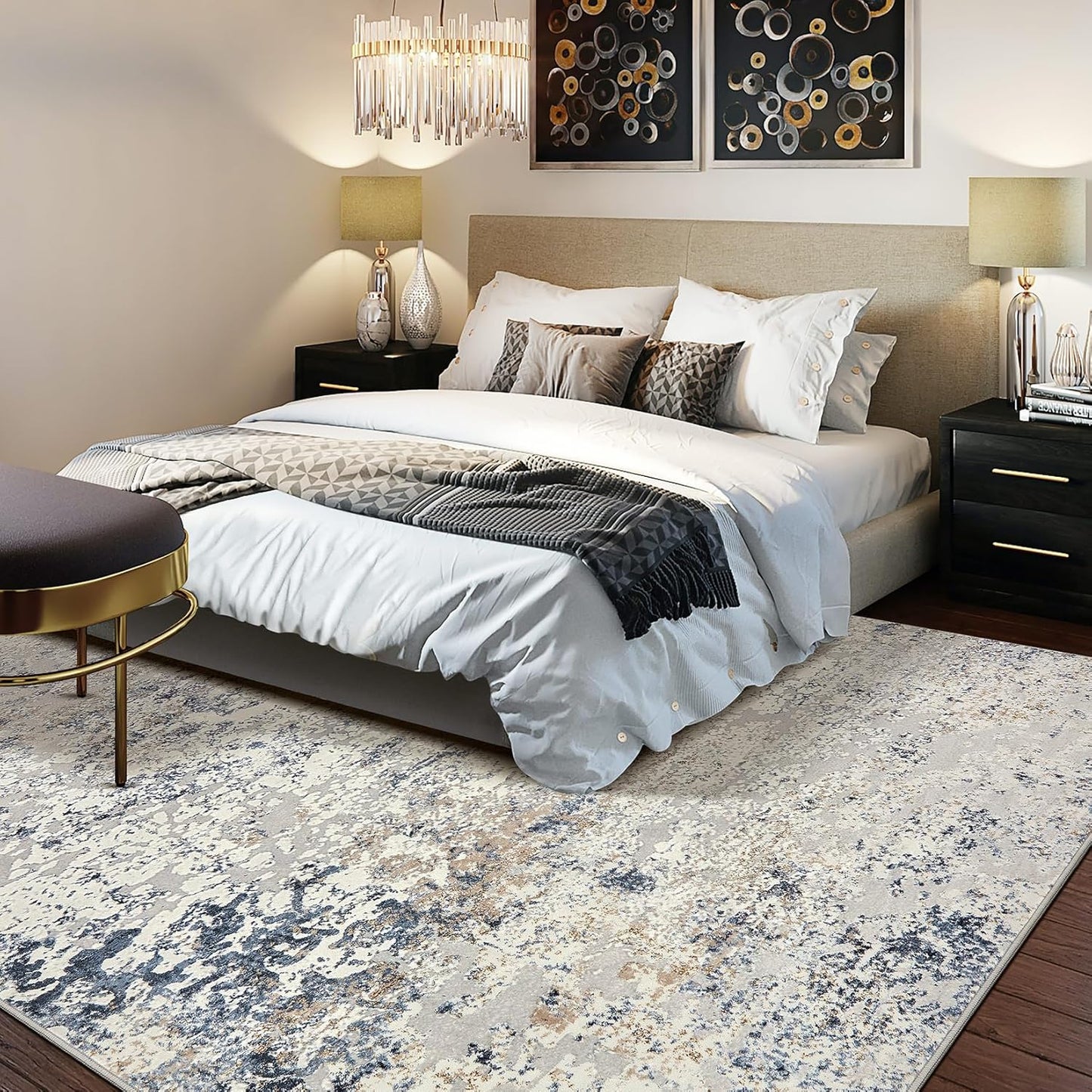 Area Rug Living Room Rugs - 5x8 Abstract Large Soft Indoor Washable Rug Neutral Modern Low Pile Carpet for Bedroom Dining Room Farmhouse Home Office - Beige Blue