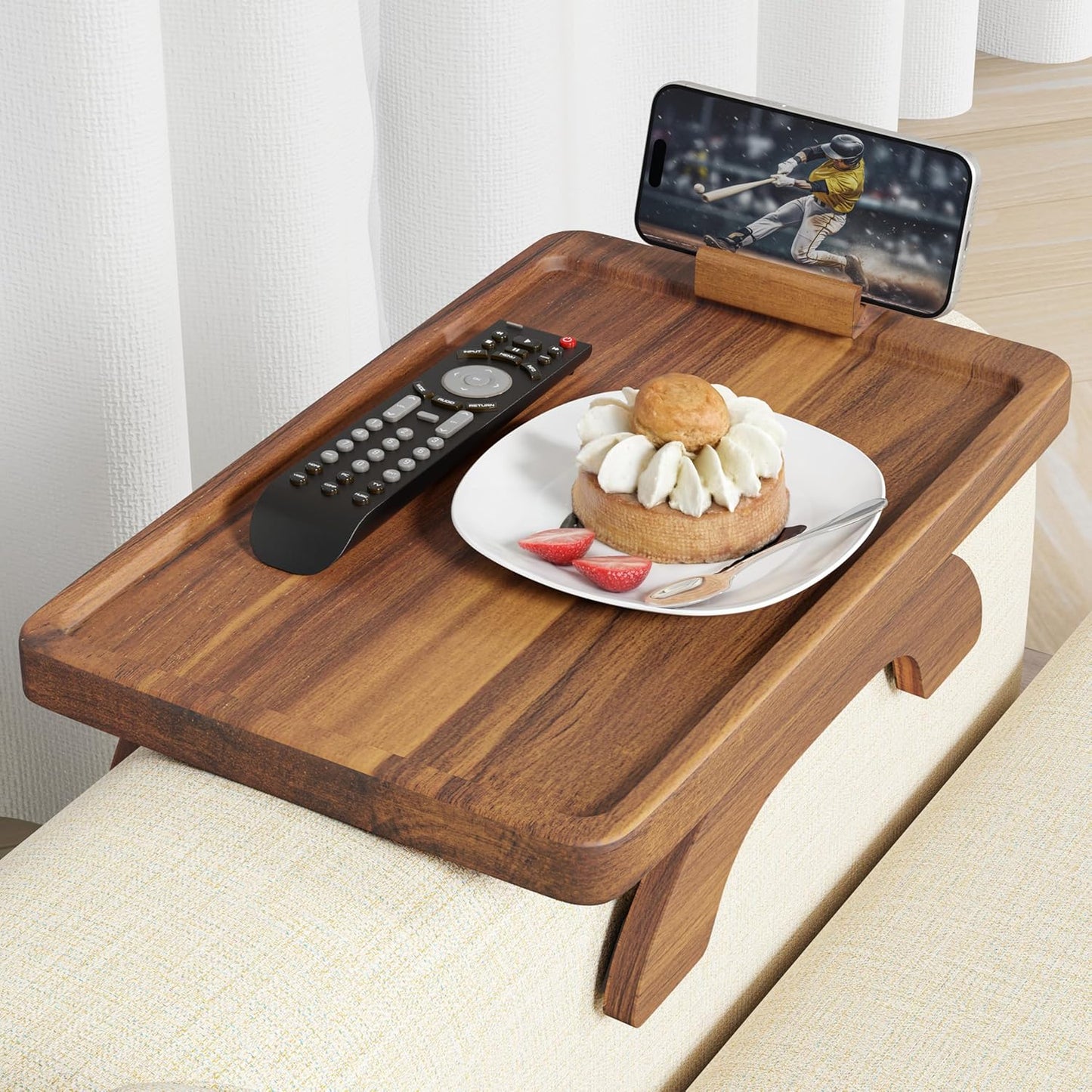 BLUEWEST Sofa Armrest Tray,15.4''x9.8'' Acacia Wood Couch Arm Clip on Tray Table with 360° Rotating Phone Holder –Fits Most Couch Arm Sizes–Non-Slip, Arm Table for TV Dinners, Remote, Drinks & Snacks