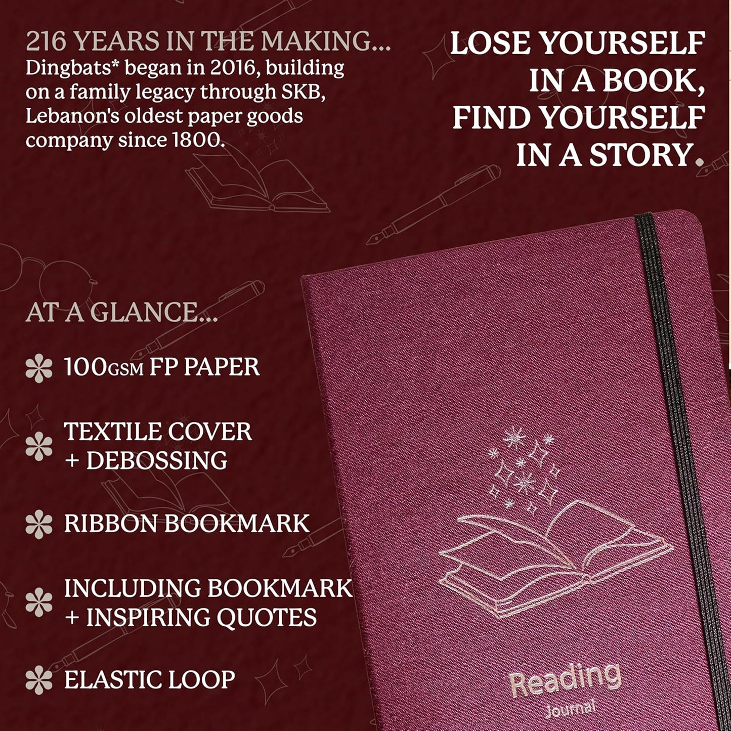 Dingbats* Reading Journal for Book Lovers - Thick Paper Thread-Bound Hardcover Book Tracker to Record Reads, Quotes & Reflections, with Elastic Closure, Pen Loop & Bookmarks for Organized Reading