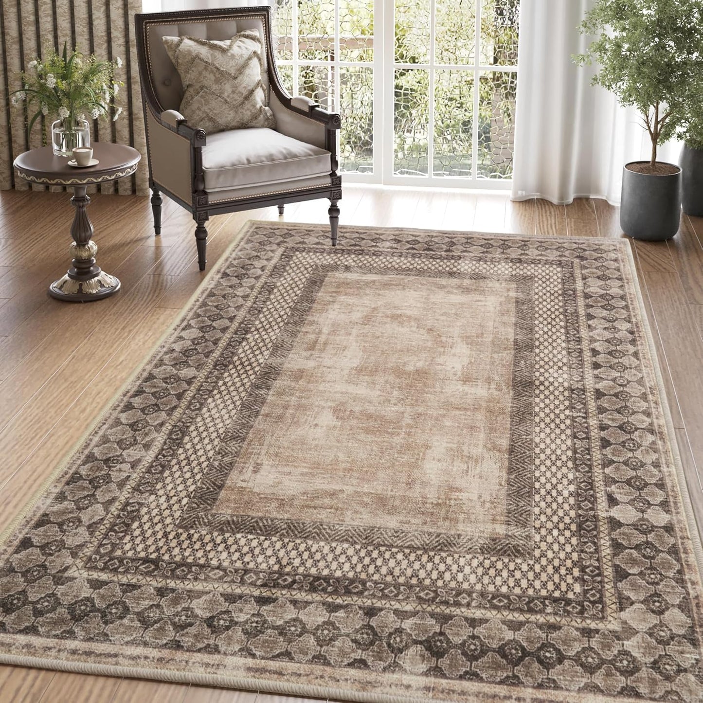 NICETOWN Machine Washable Faux Wool Rugs - 4x6 Area Rugs Ultra-Thin Carpet for Office, Study, Living Room Entryway with Non-Slip Backing, Distressed Large Carpet for Dining Room, Brown