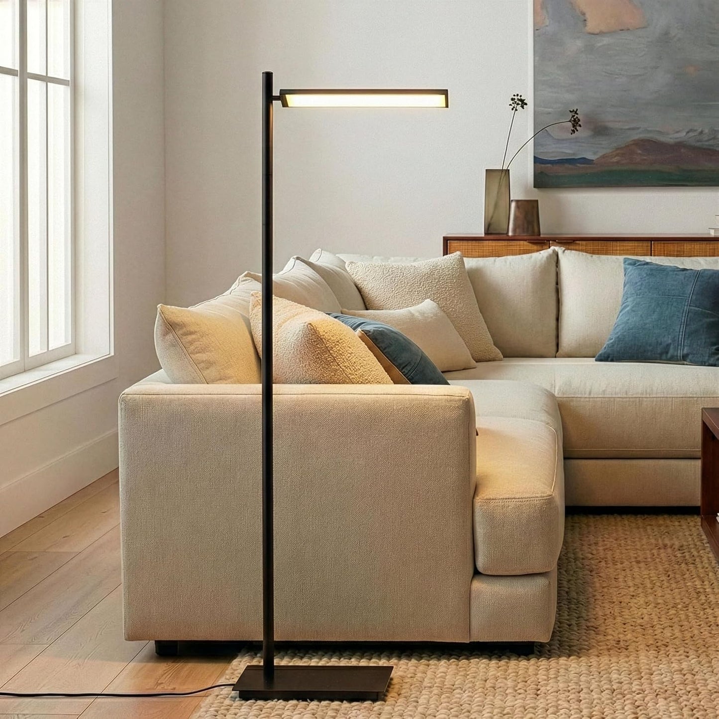 Brightech Linden LED Standing Floor Lamp for Bedroom, Living Room, Office - Tall Modern Bedside Reading Light - Dimmable and Adjustable Head - Black