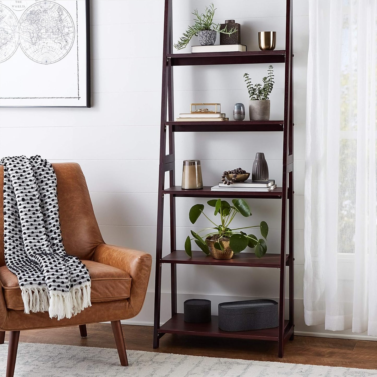 Amazon Basics 5-Tier Ladder Bookshelf Storage Organizer, Solid Rubberwood Frame, Space-Saving Bookcase, Sturdy Shelves, Walnut Finish, 14" D x 24.8" W x 70.1" H