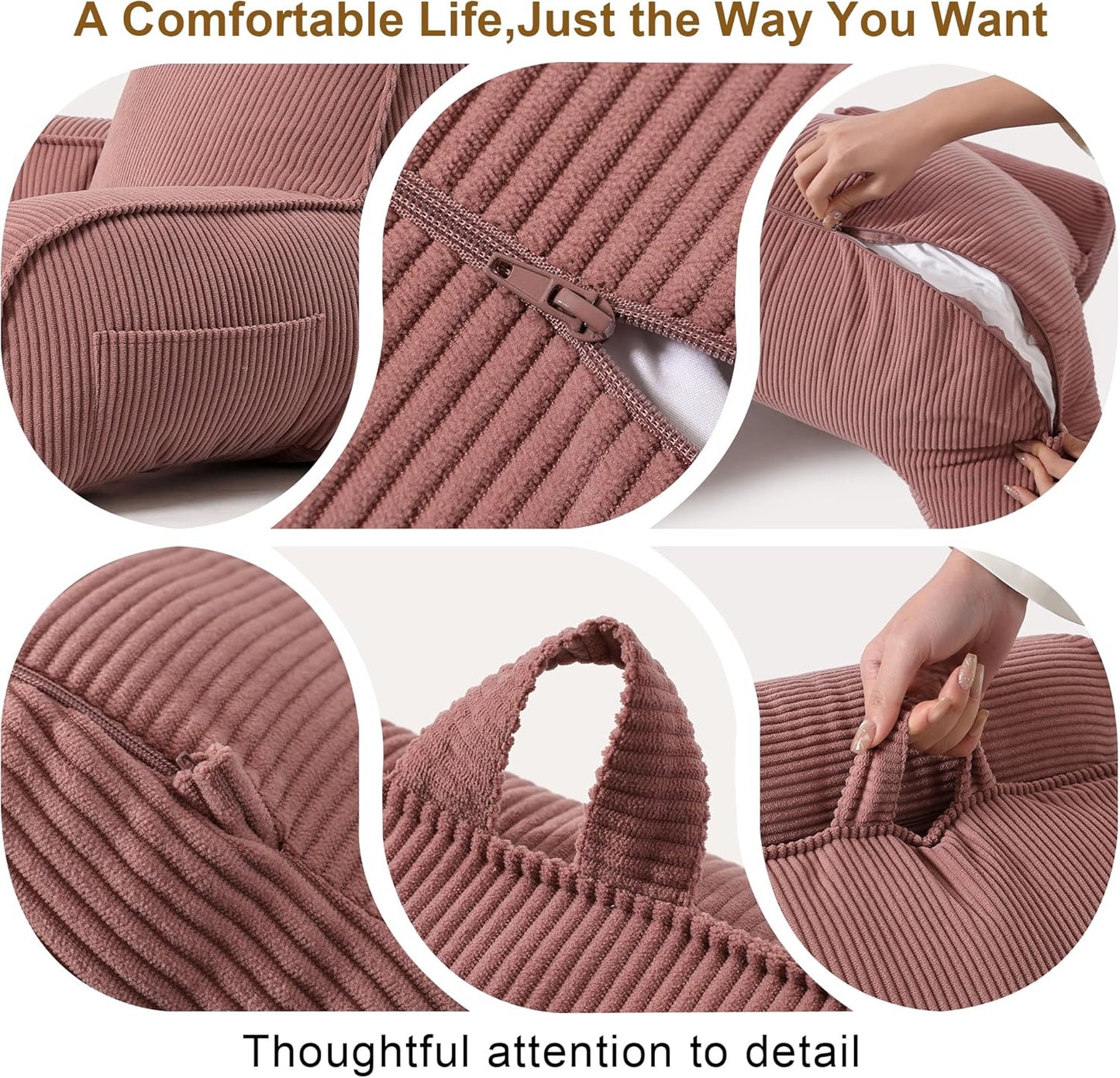 Corduroy Reading Pillow with Arms & Detachable Neck Roll, Bed Rest Back Support, Adult Cushion for Sitting Sofa & Floor, Side Pockets & Washable Cover, Brick Brown