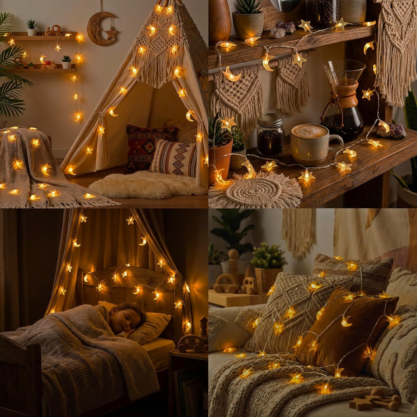 Whimsigoth Star and Moon Decor String Lights, Indoor Bedroom Classroom Dorm Patio Party Wedding Decor, Warm White Plug or Battery (30ft Plug-in)
