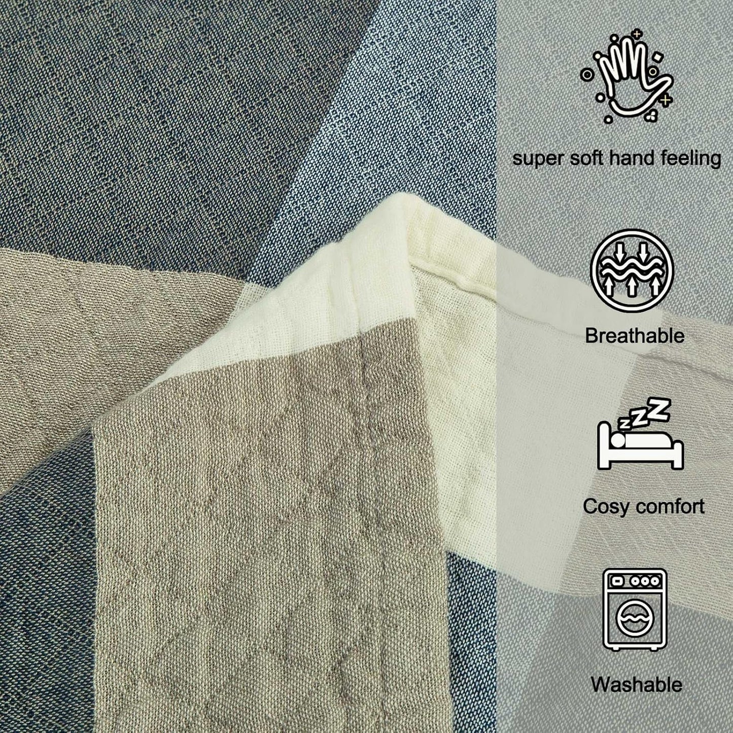 Checkered Throw Blanket, Soft Cozy Reversible 4 Layer Pre-Washed Cotton Blankets Lightweight Breathable Queen Throw Blanket BOR All Season,Blue Checkered, 60" X 80"