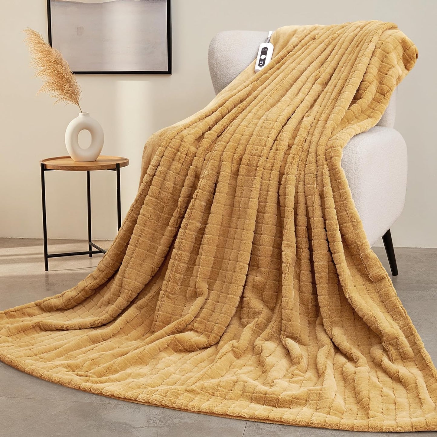 CURECURE Heated Blanket Full Size 72"x84", Soft Warm Faux Rabbit Fur Electric Blanket with 6 Heating Levels, 10 Hours Auto-Shutdown, Fast Heating, Home Use, Machine Washable, Gifts for Adults, Khaki