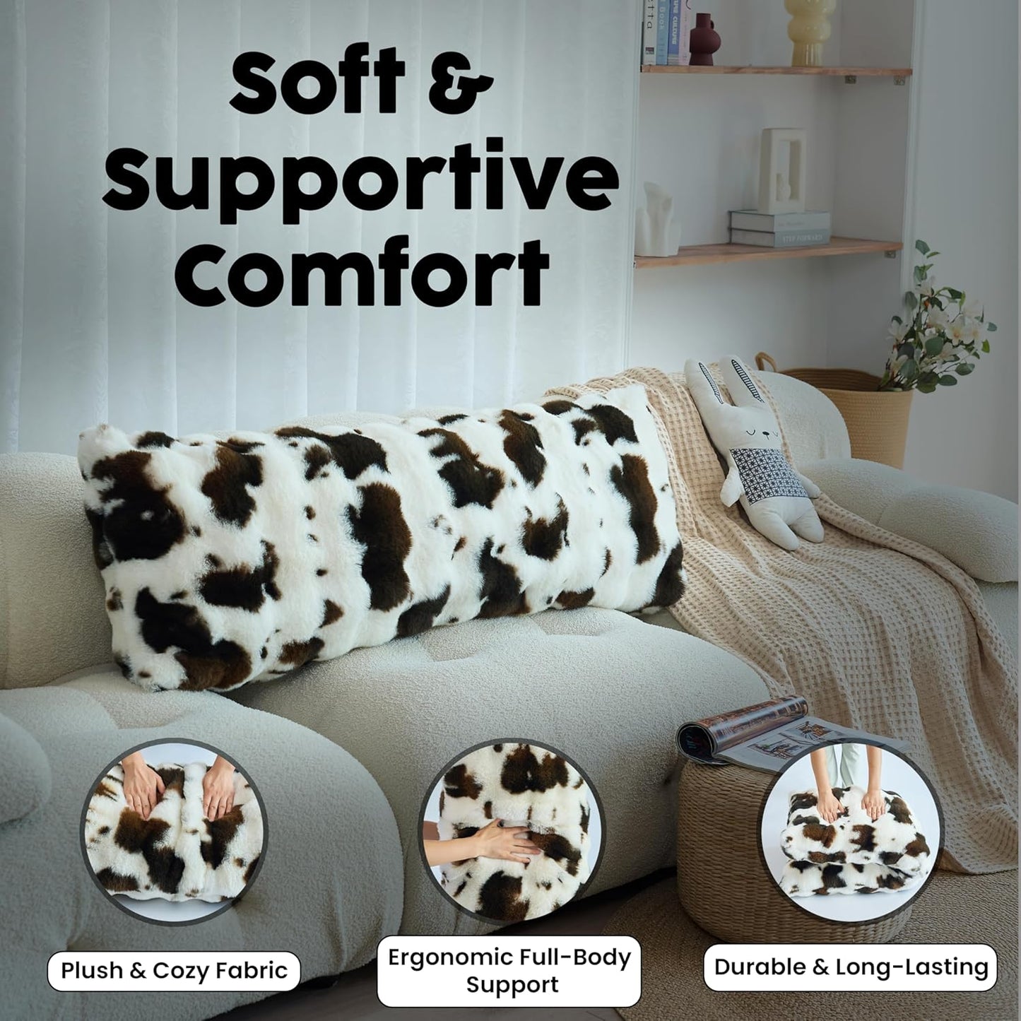 OMEO Winter Fluffy Full Body Pillow – Memory Foam Pregnancy Pillow, Nursing Pillow for Side Sleepers, Weighted Body Pillow for Adults (Soft Cow Print Cover)
