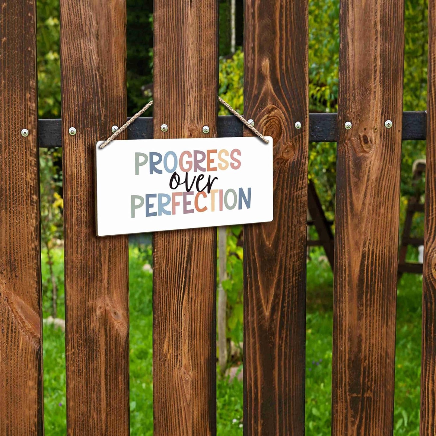 FUGWN Inspirational Progress Over Perfection Hanging Wooden Signs 12x6, Motivational Mental Health Wall Decor for Classroom Kids Room Playroom, Mental Health Home Decor Gifts for Kids Boys Girls